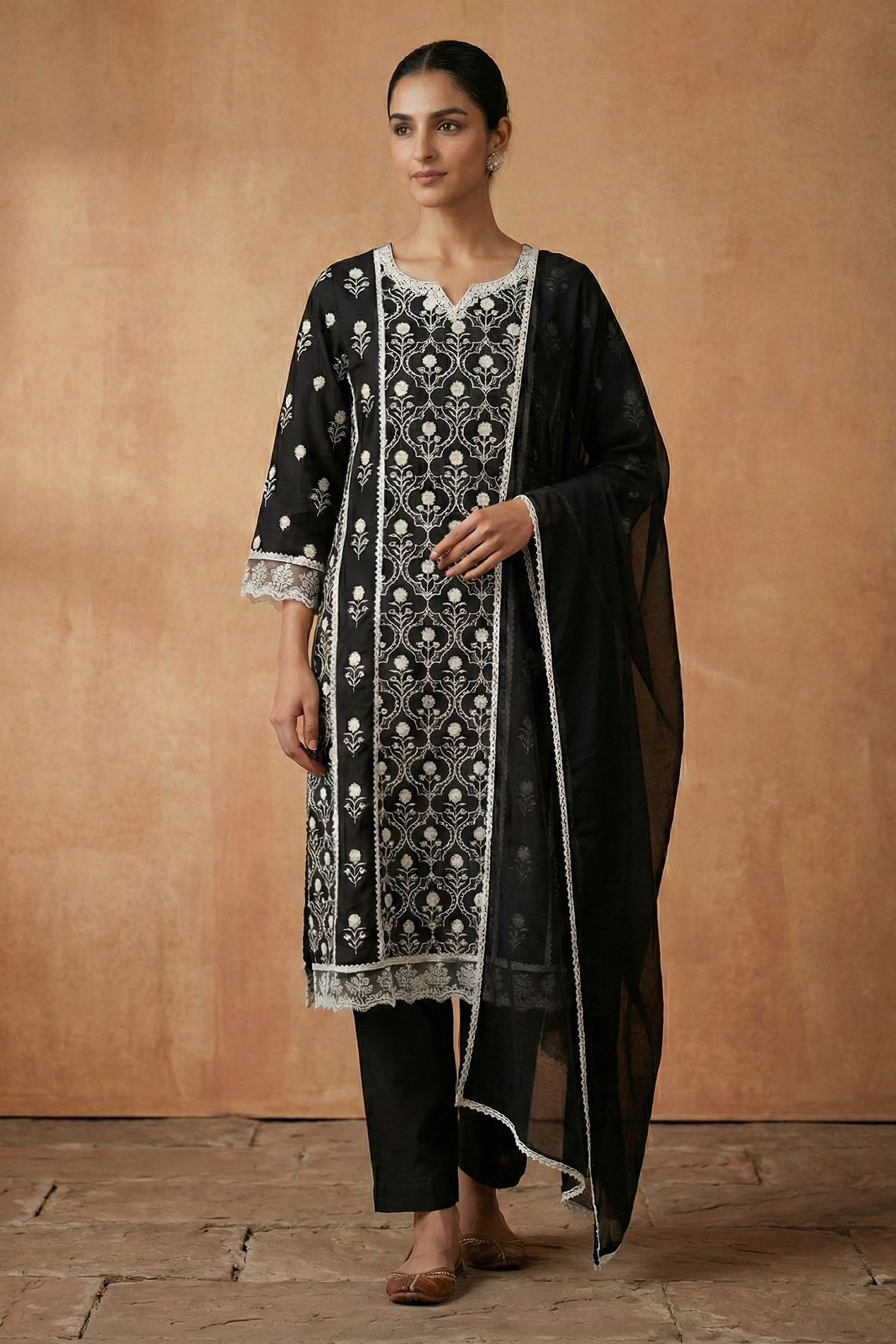 Black Straight Fit Cotton Suit Set (With Pants and Dupatta)
