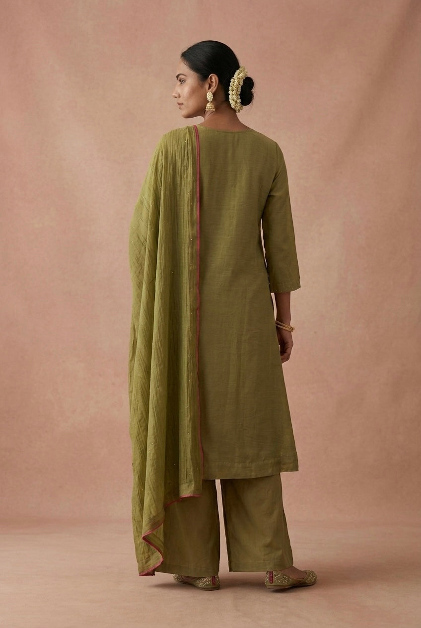 Olive Green Embellished Mul Chanderi A-Line Suit Set