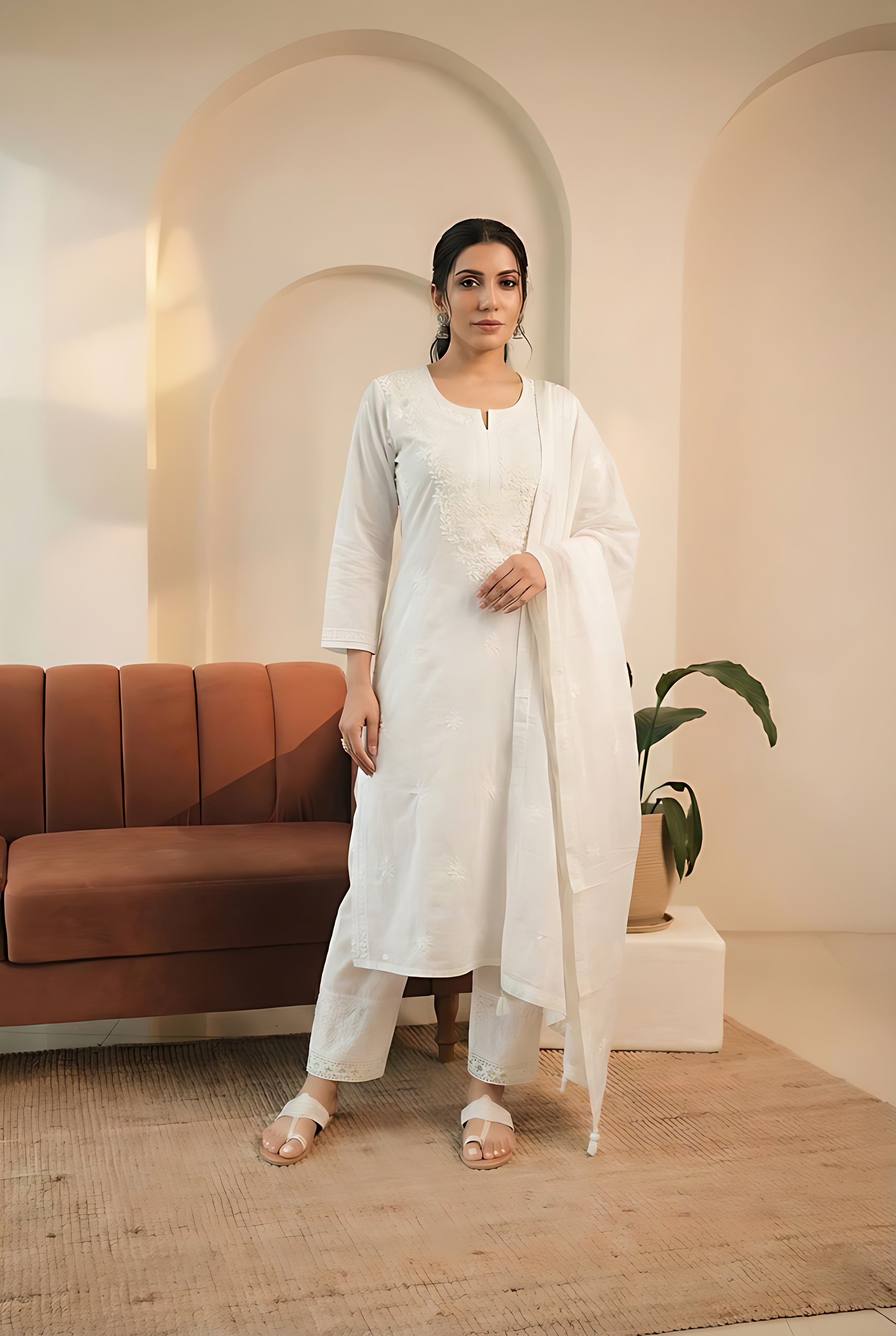 White Cotton Chikankari Suit Set | HER-531