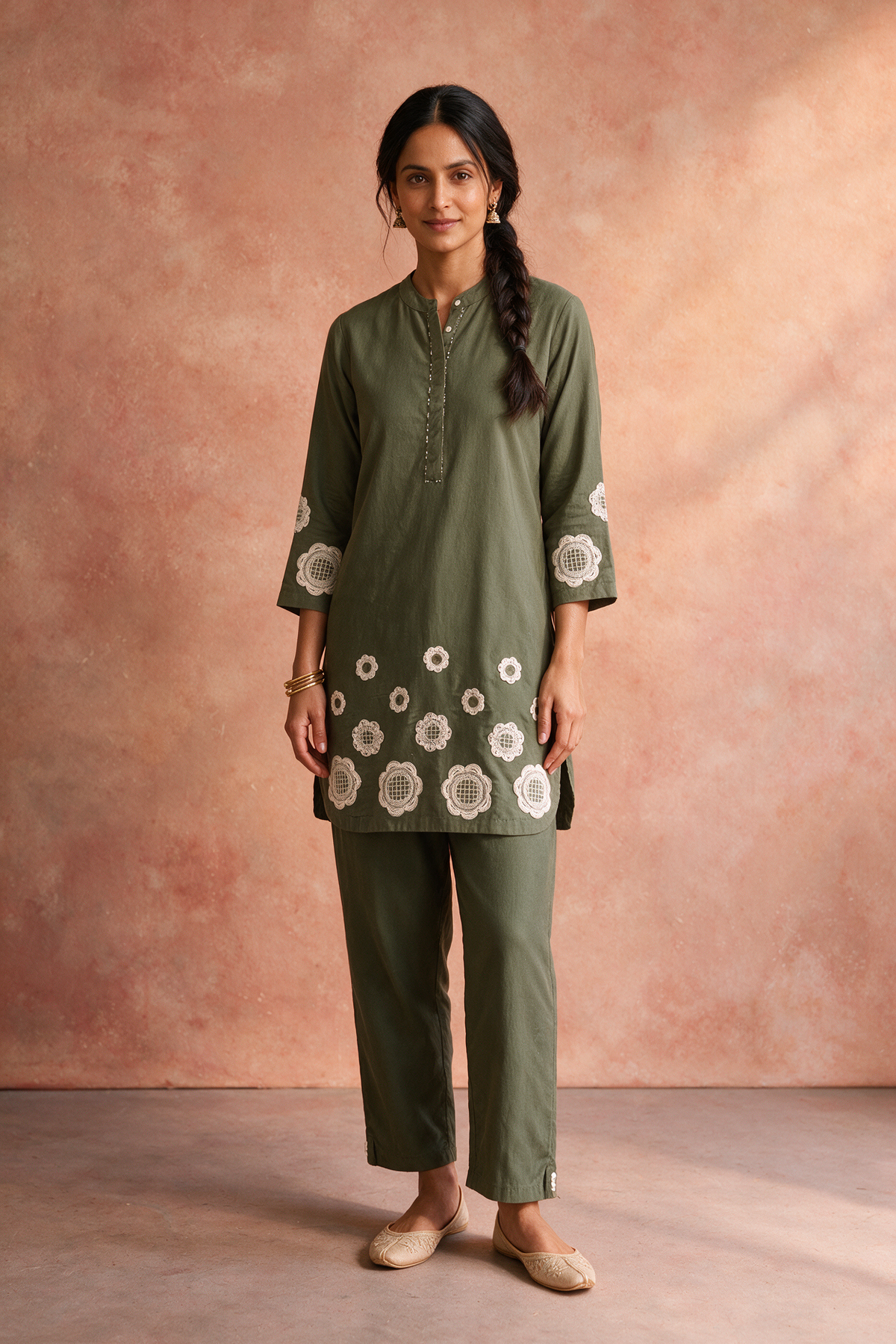 Olive Green Appliqué Khadi Cotton Kurta/Co-ord Set