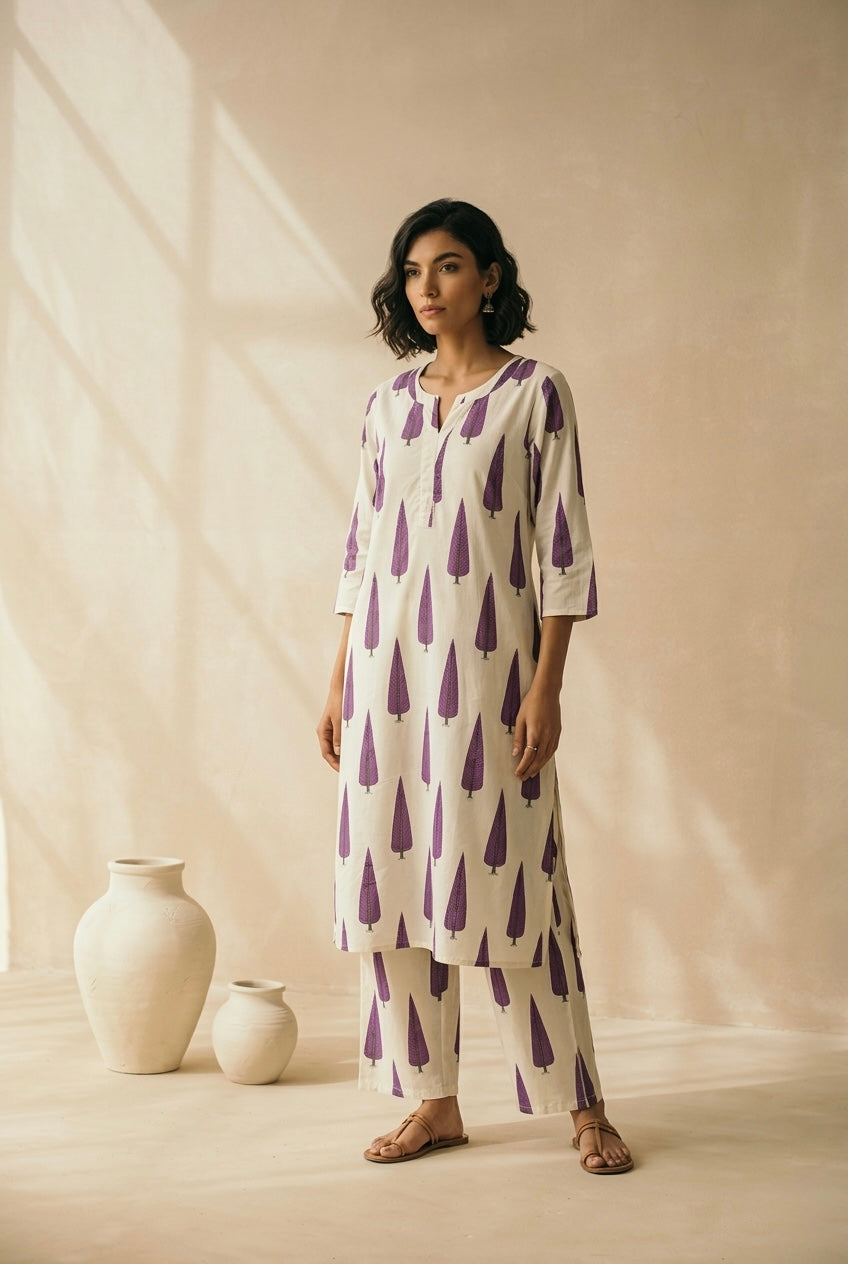 Purple Cotton Printed Kurta Set | HER-711