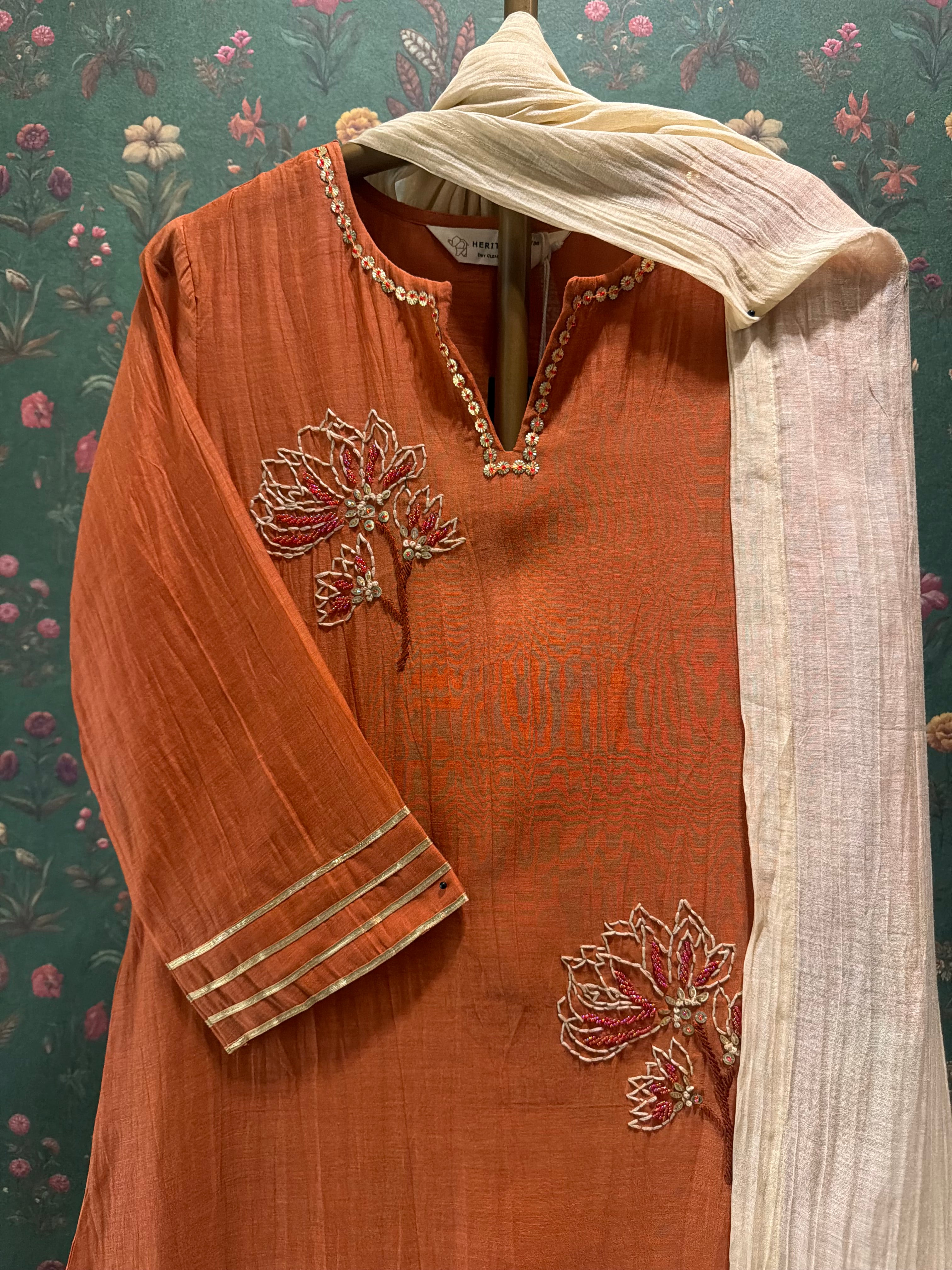Rust Orange Embroidered A-Line Mul Chanderi Suit Set x Gargi Shah | HER-624