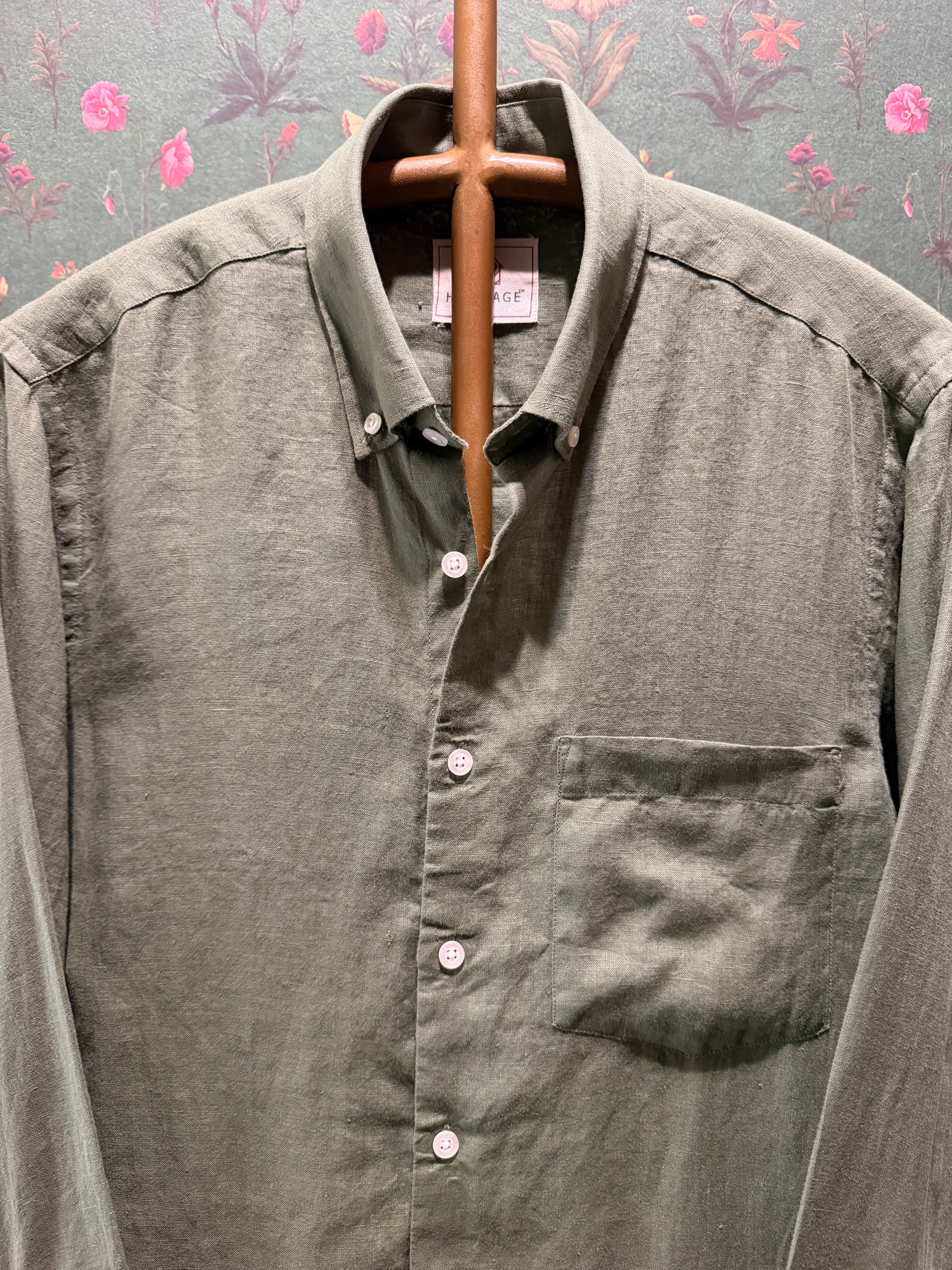 Men’s Sage Olive Green Pure Linen Full Sleeves Shirt