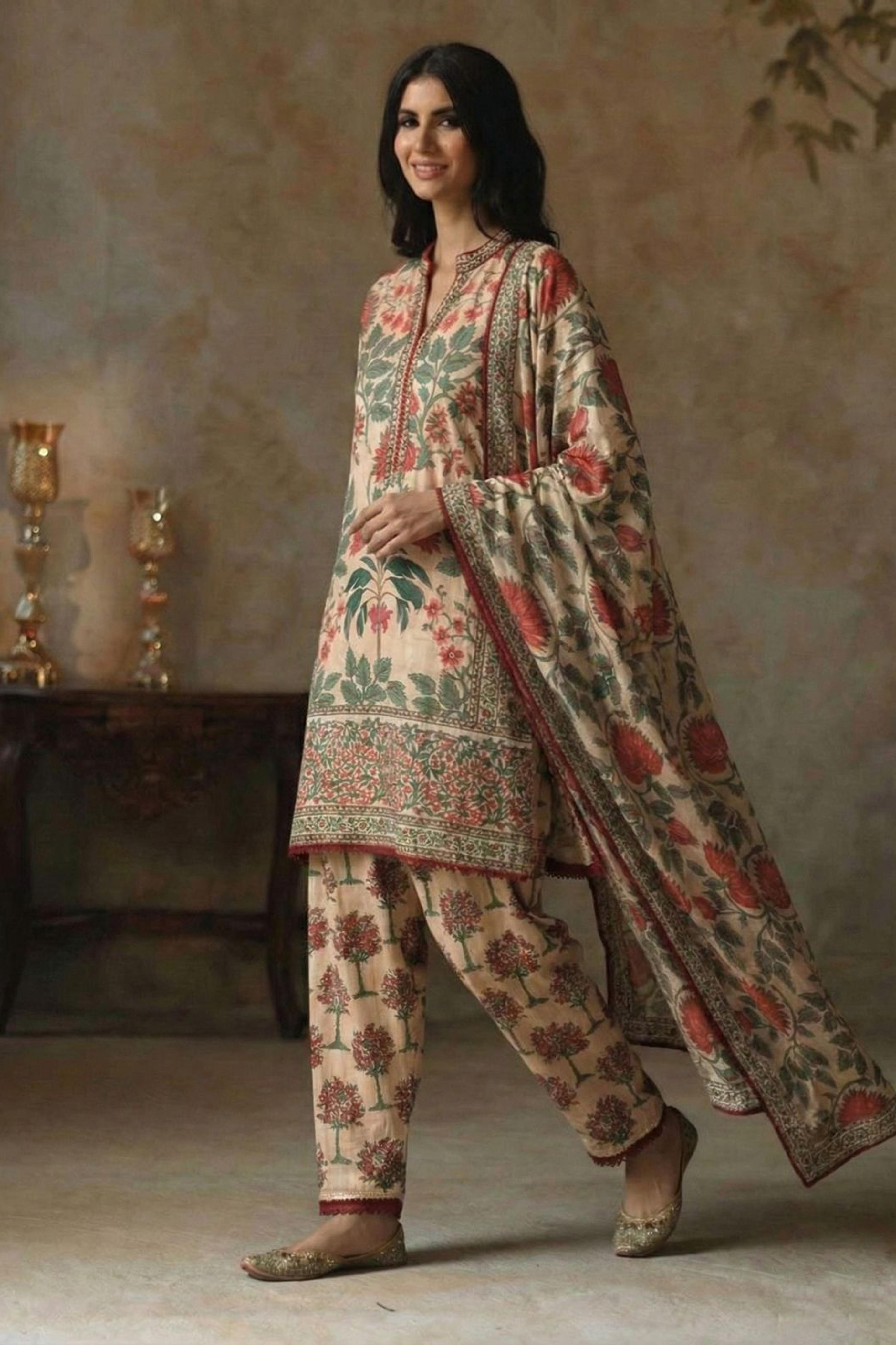 Peach Crimson Botanical Printed Suit Set | HER-613