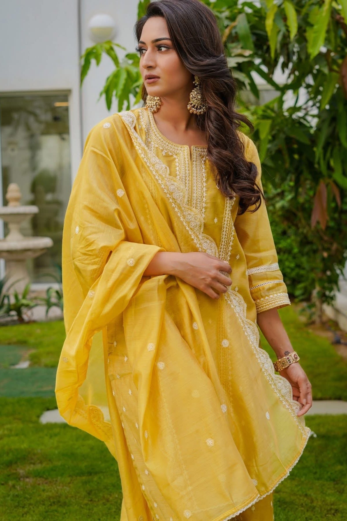 Zariya Yellow Embroidered Chanderi Suit Set | HER-388