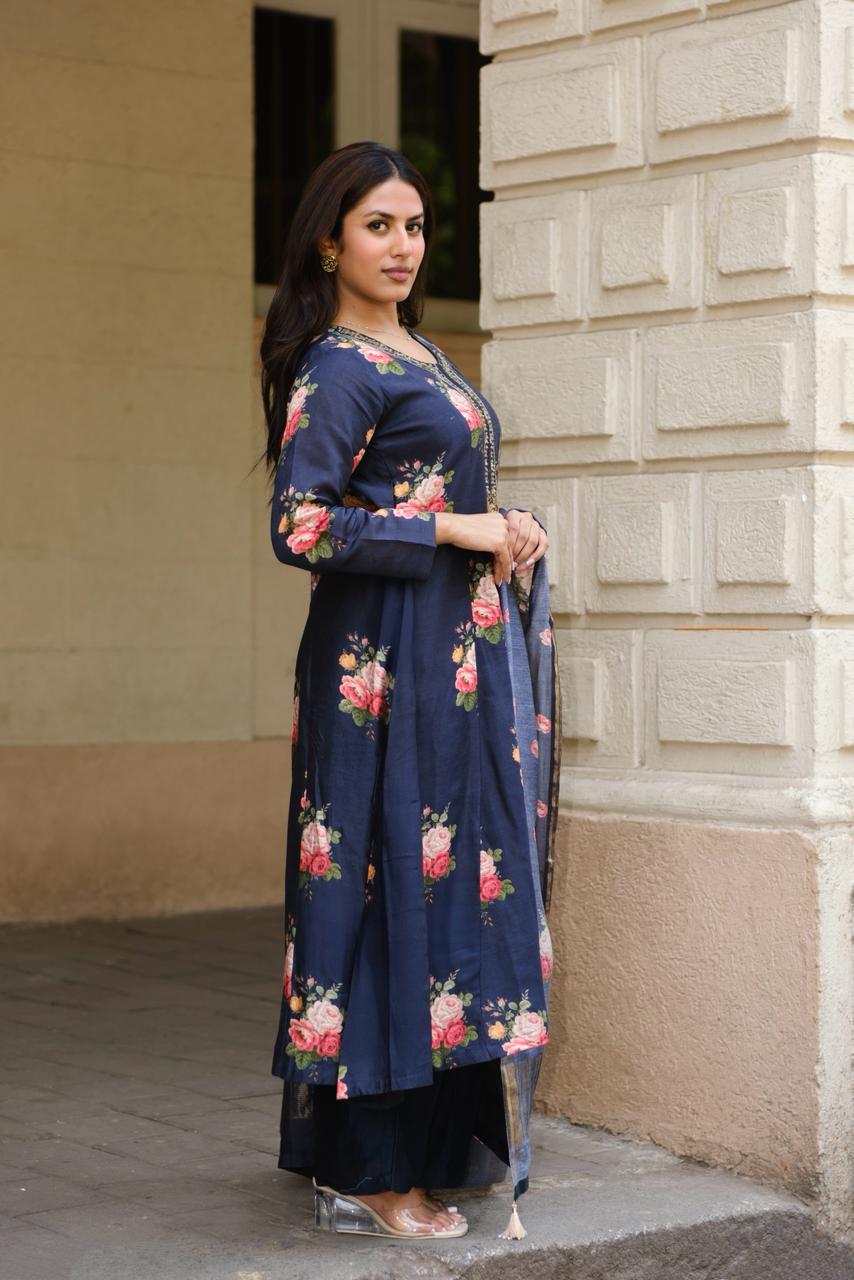 Twilight Black Floral Chanderi A-Line Suit Set x Celina | HER-607