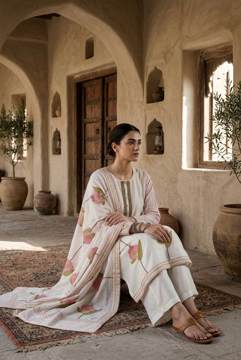 Ivory Floral Pure Chanderi Suit Set