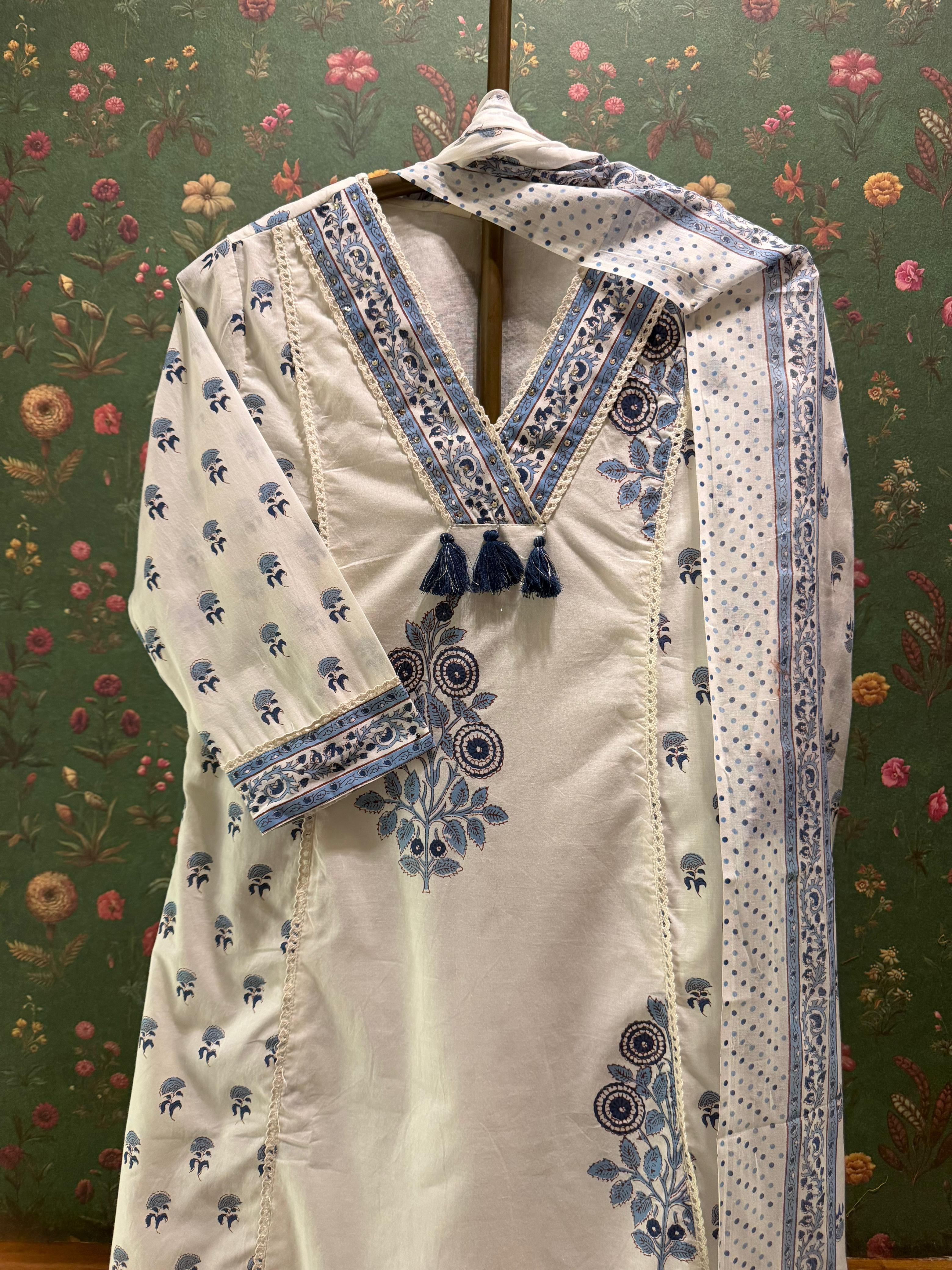 Ivory Blue Floral Printed A-Line Suit Set | HER-716