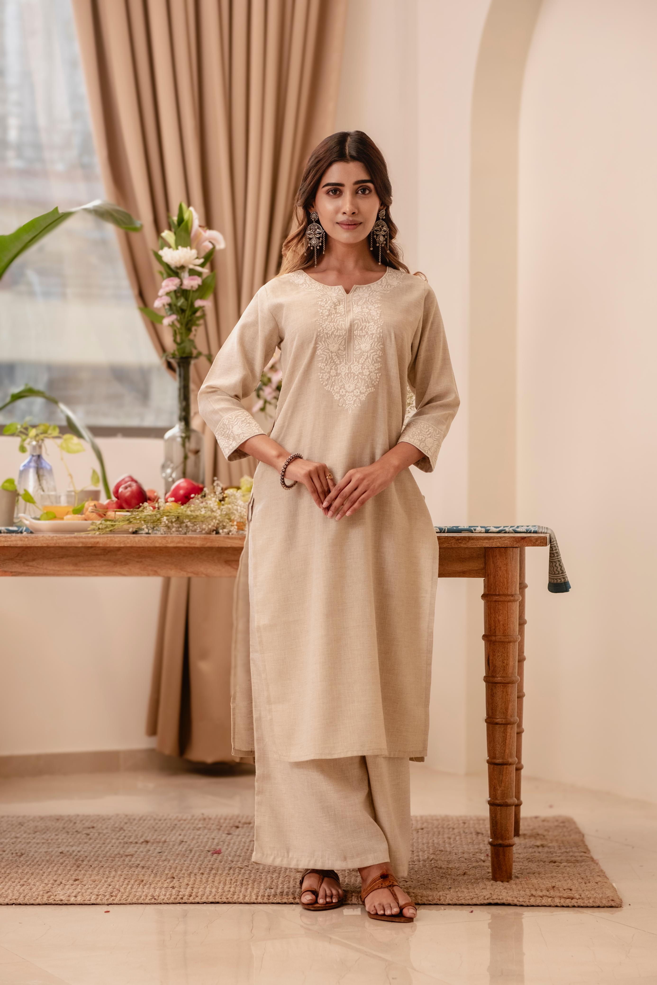 Beige/Fawn Cotton Linen Kurta/Co-ord Set | HER-517