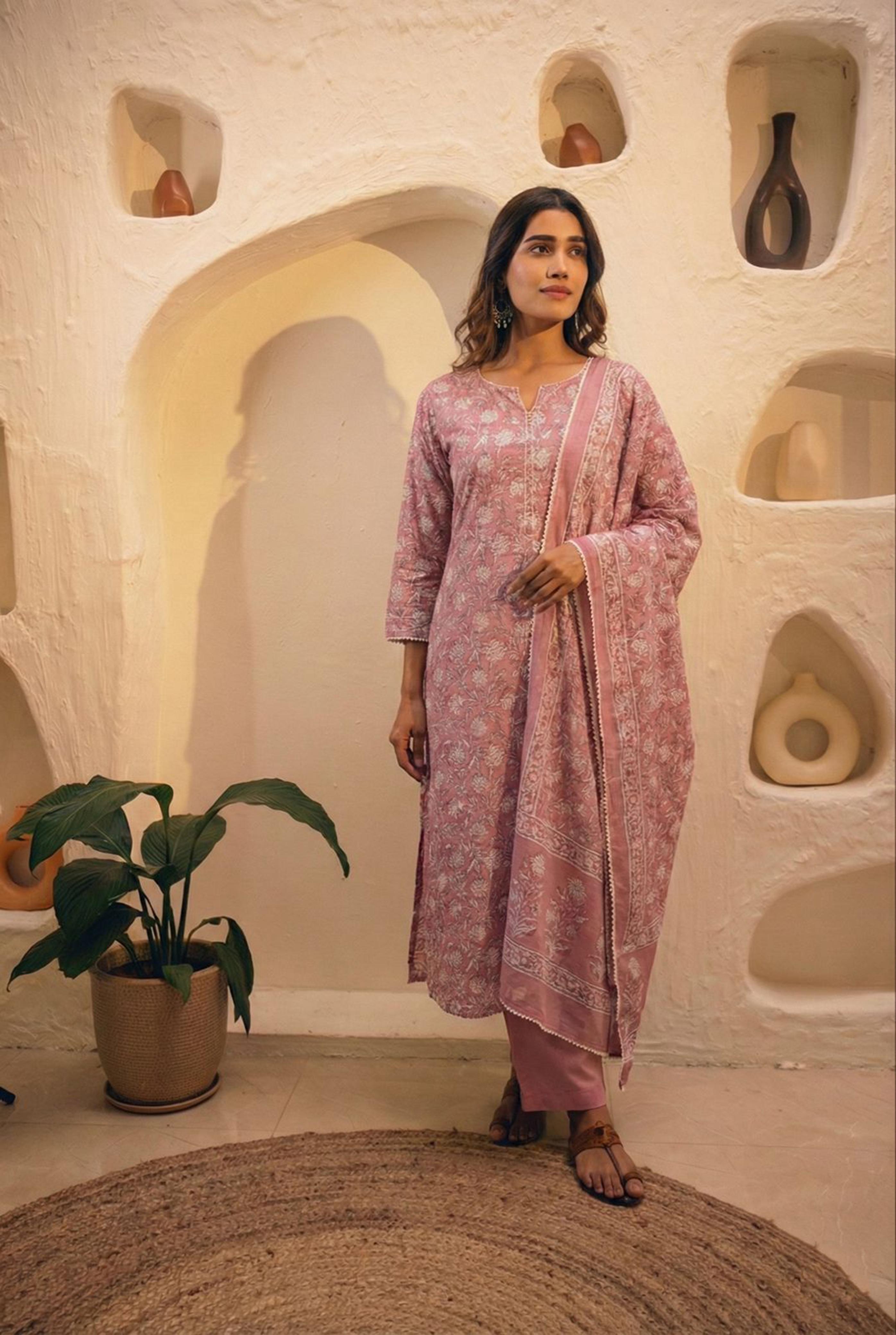 Pink Straight Fit Cotton Suit Set | HER-451