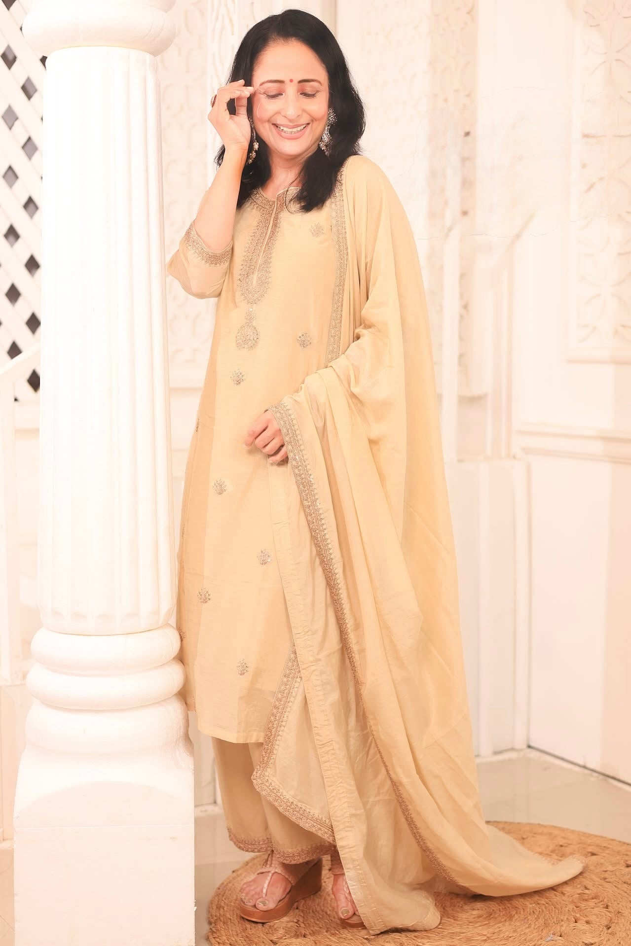 Aafreen Beige Mul Chanderi Embroidered Suit Set | HER-543
