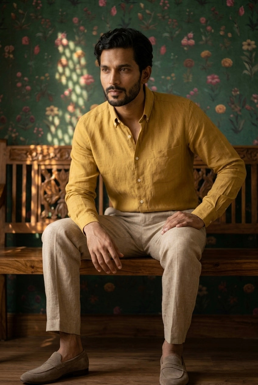 Men’s Mustard Yellow Pure Linen Full Sleeves Shirt