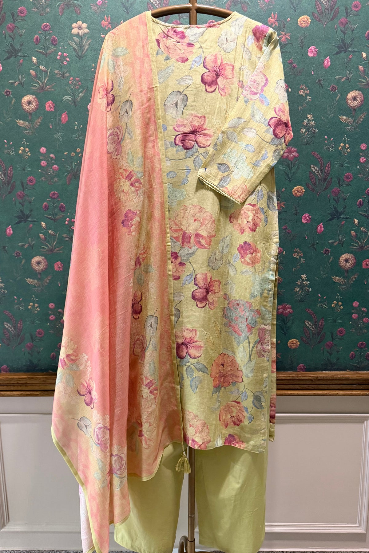 Pastel Lime Floral Printed Linen Cotton Suit Set | HER-768