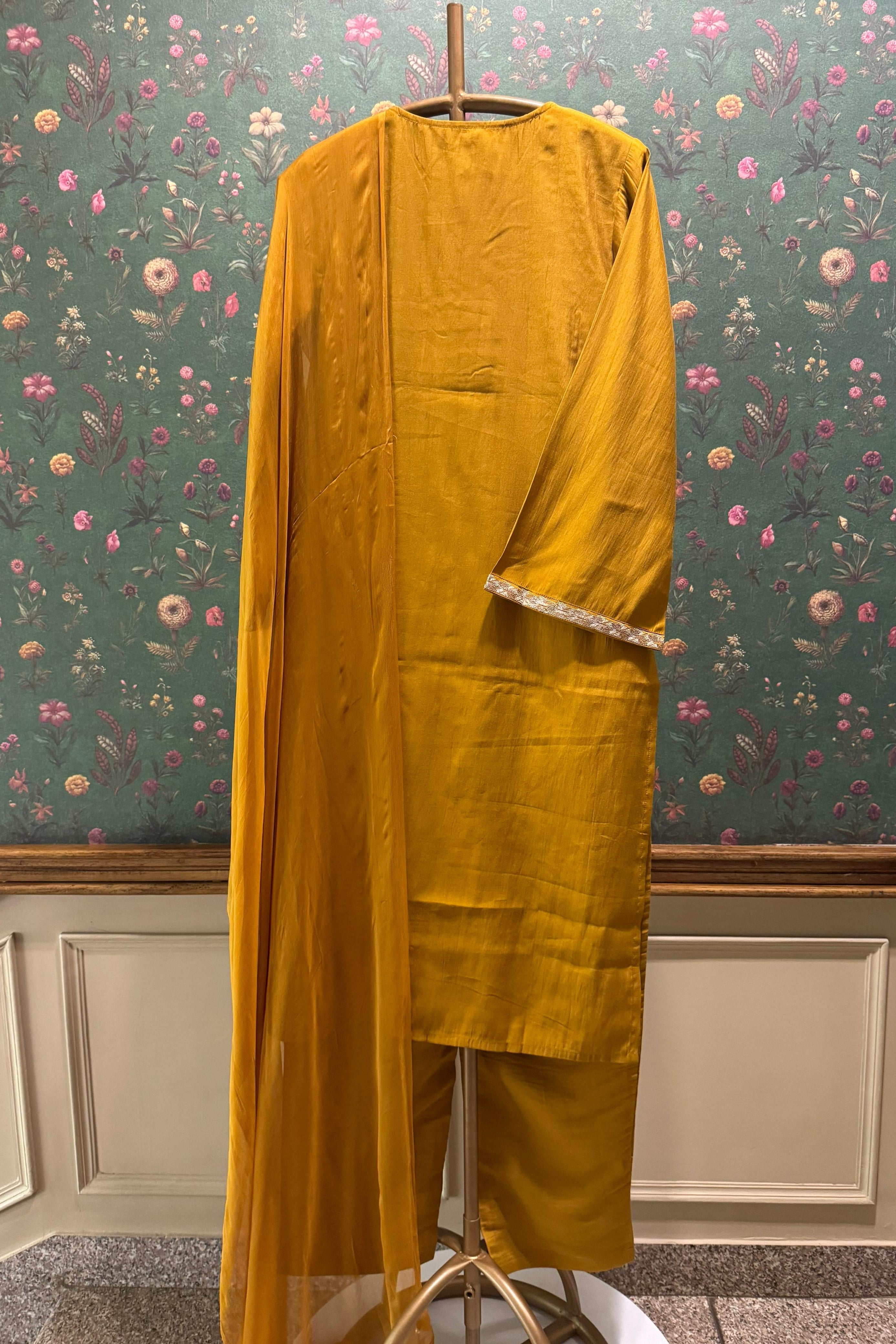 Saanjh Mustard Modal Silk Embroidered Suit Set | HER-553