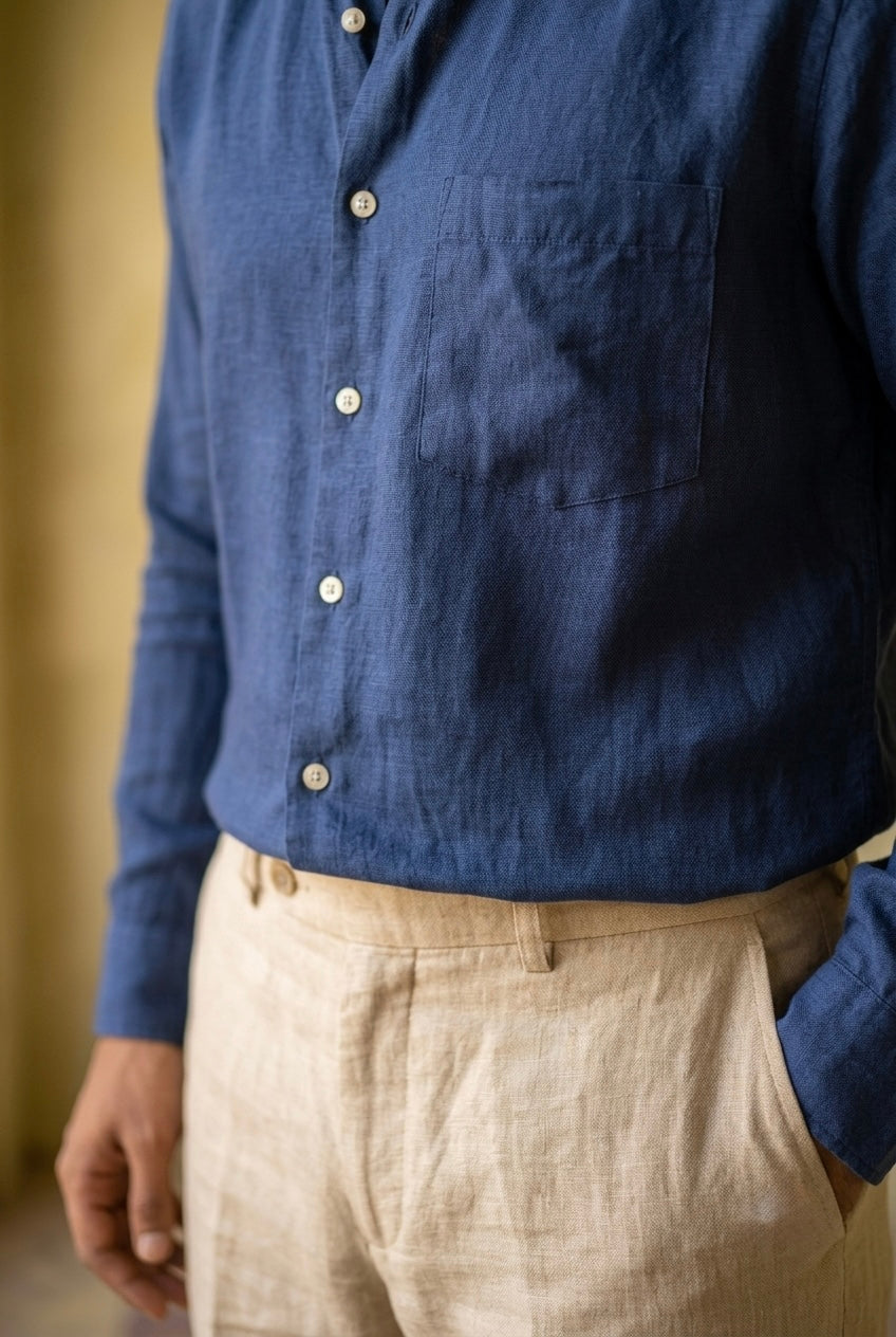 Deep Indigo Blue Men’s Pure Linen Full-Sleeves Shirt