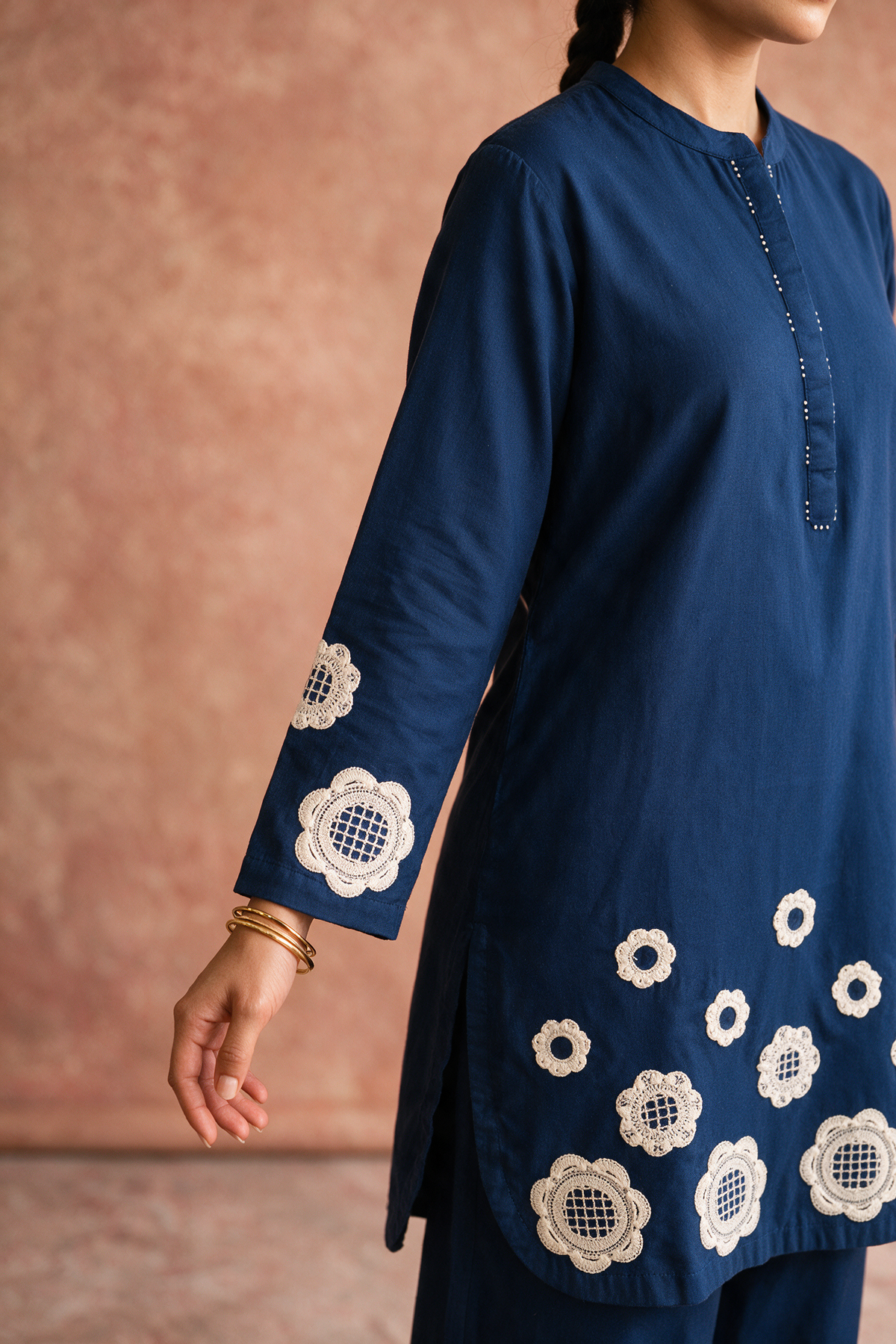 Navy Blue Appliqué Khadi Cotton Kurta/Co-ord Set