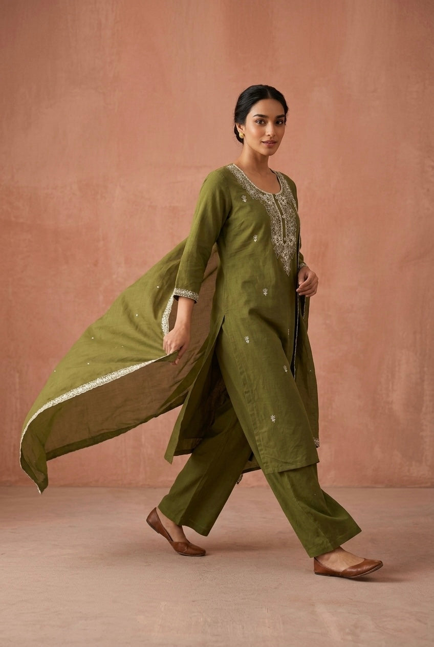 Olive Green Embroidered Cotton Suit Set | HER-686