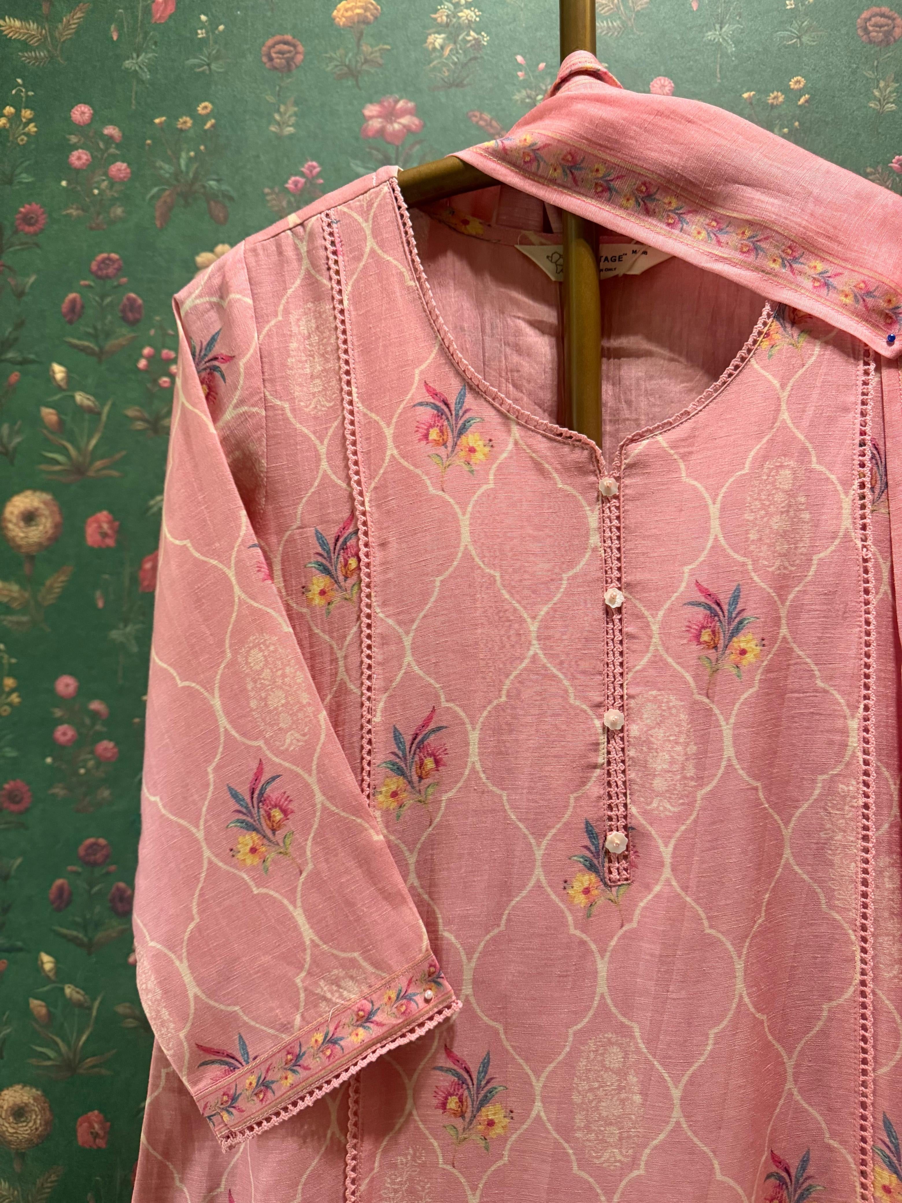 Blush Pink Printed Cotton Linen Suit Set | HER-769