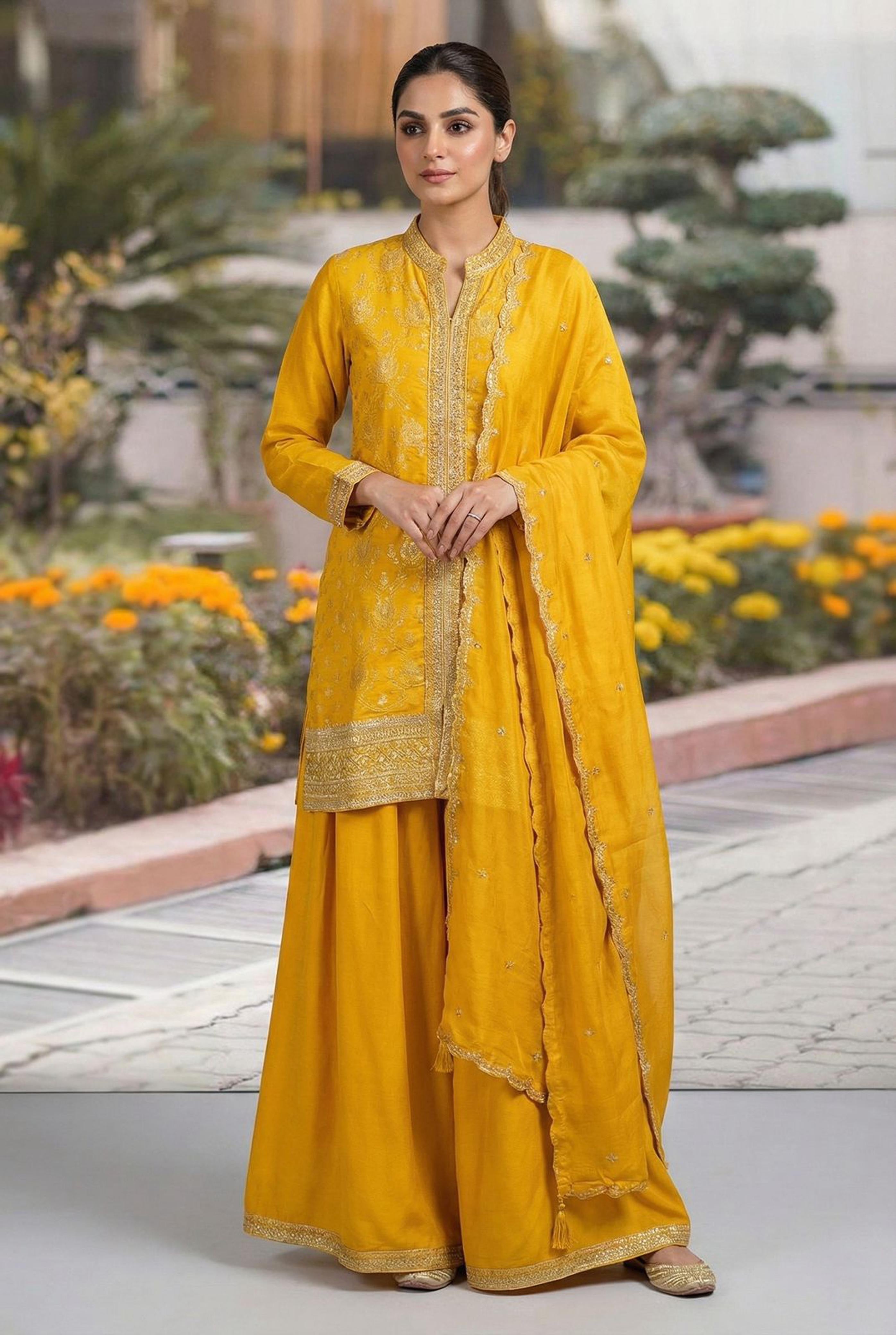 Heritage Mustard Yellow Banarasi Embroidered Suit Set | HER-563 YELLOW