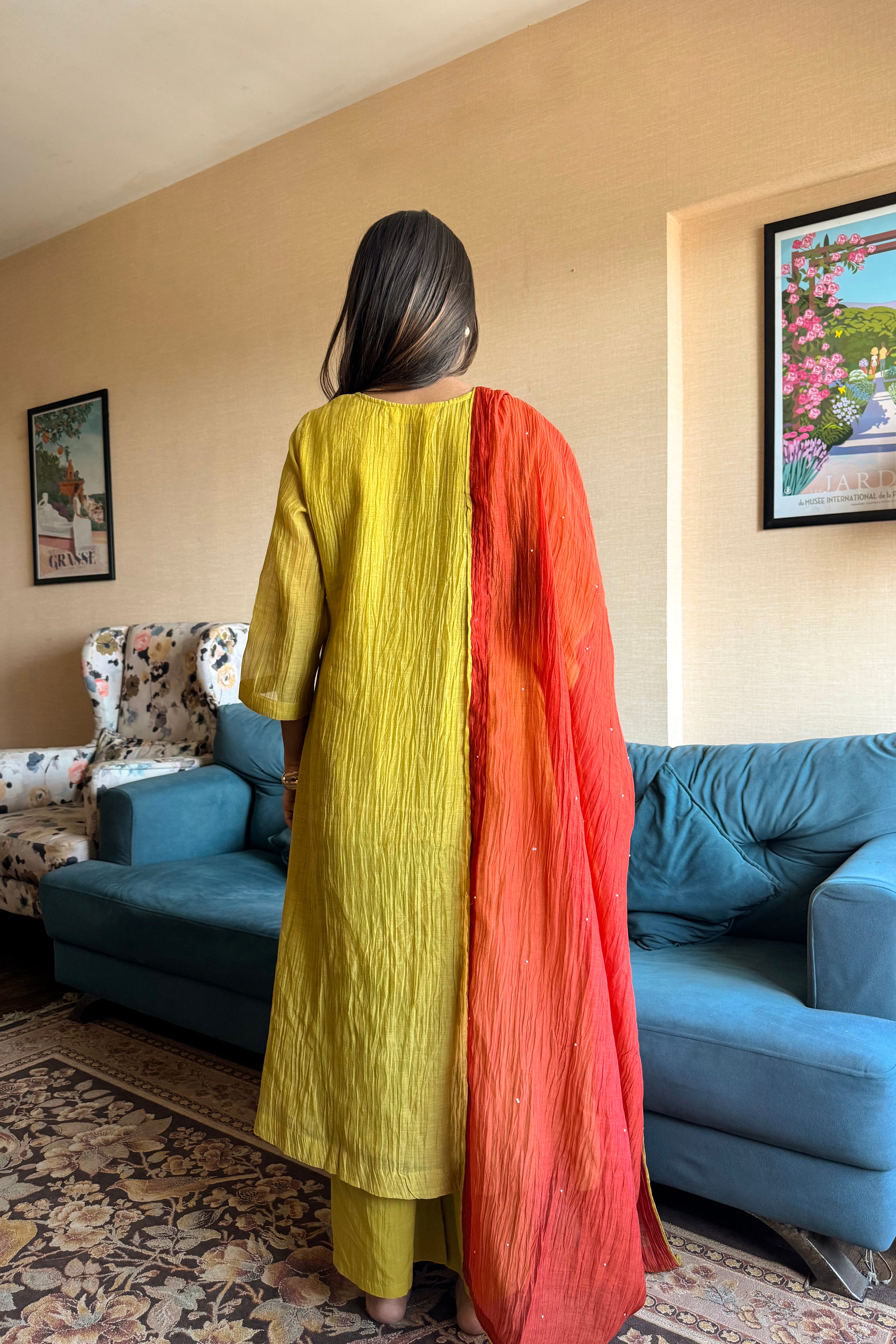 Vanyara Lime Green A-Line Mul Chanderi Suit Set | HER-625