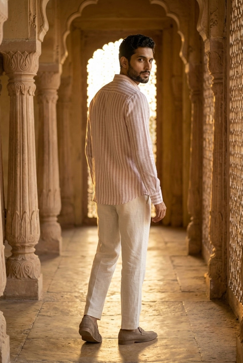 Men’s Blush Pink & White Striped Pure Linen Full Sleeves Shirt