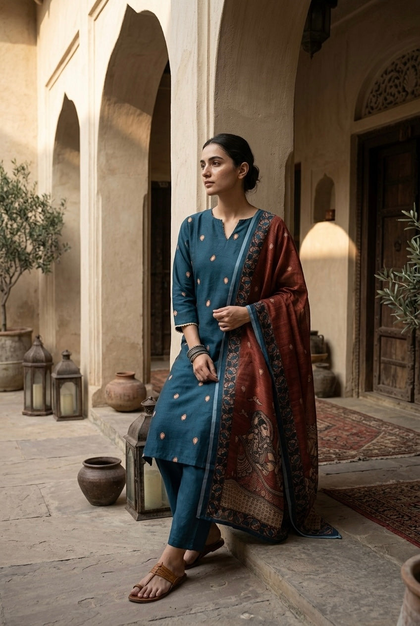 Teal Blue Madhubani Cotton Suit Set | HER-642