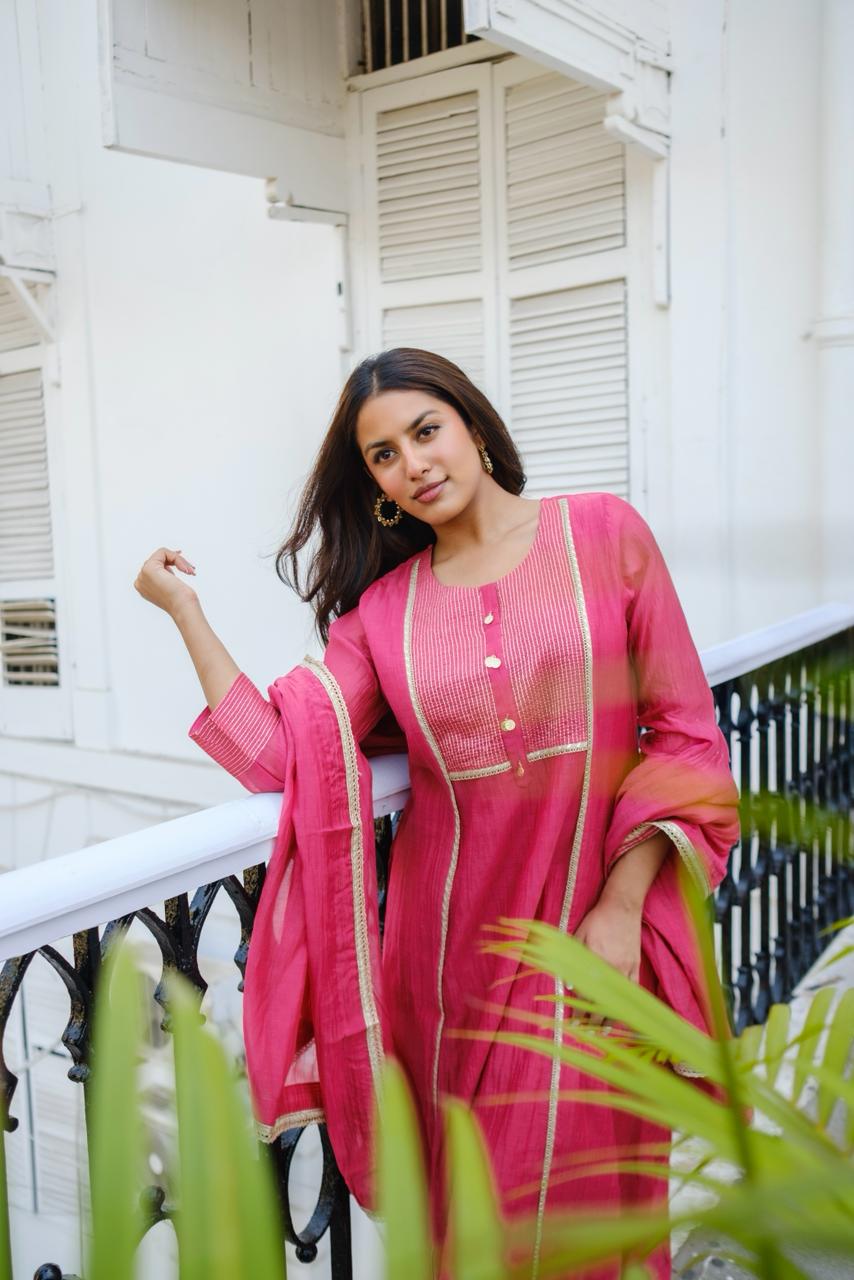 Meher Handcrafted Mul Chanderi A-Line Suit Set | HER-621