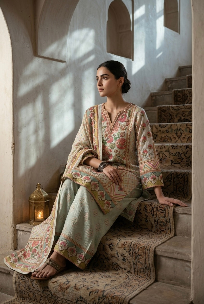 Pastel Green Crushed Tissue Floral Suit Set