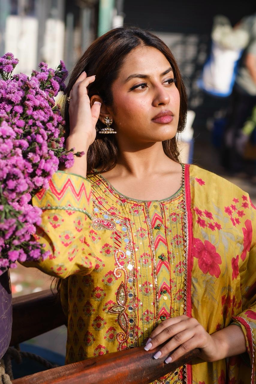 Sunshine Yellow Floral Chanderi Silk Suit Set | HER-636