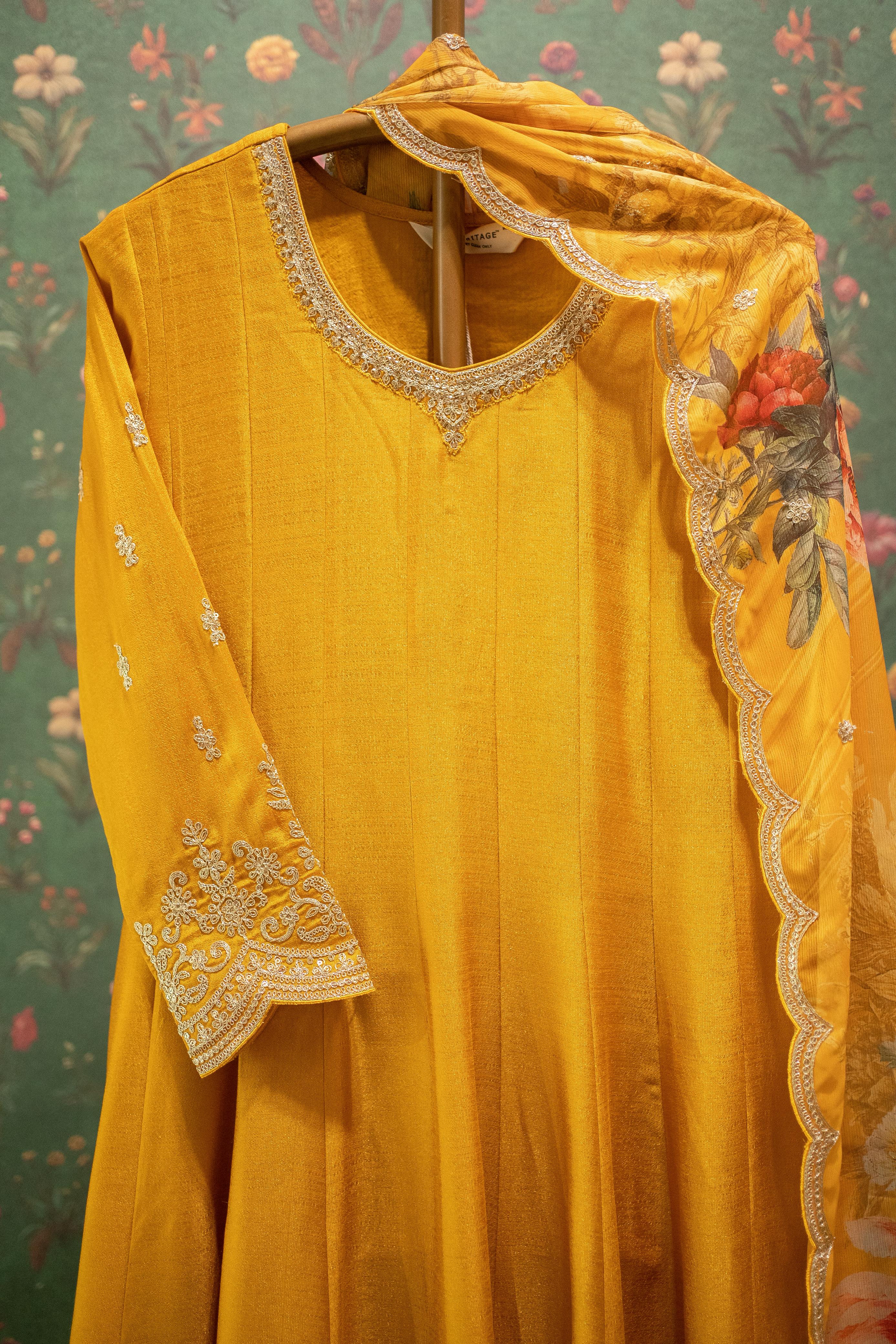 Ruhani Yellow Satin Silk Suit Set with Golden Embroidery & Floral Organza Dupatta | HER-560
