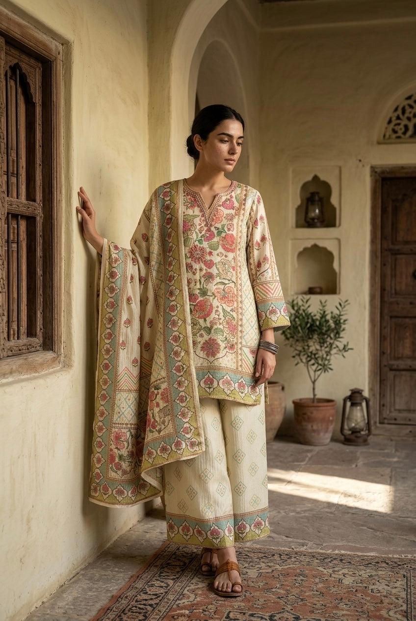 Ecru/Beige Crushed Tissue Floral Suit Set | HER-776