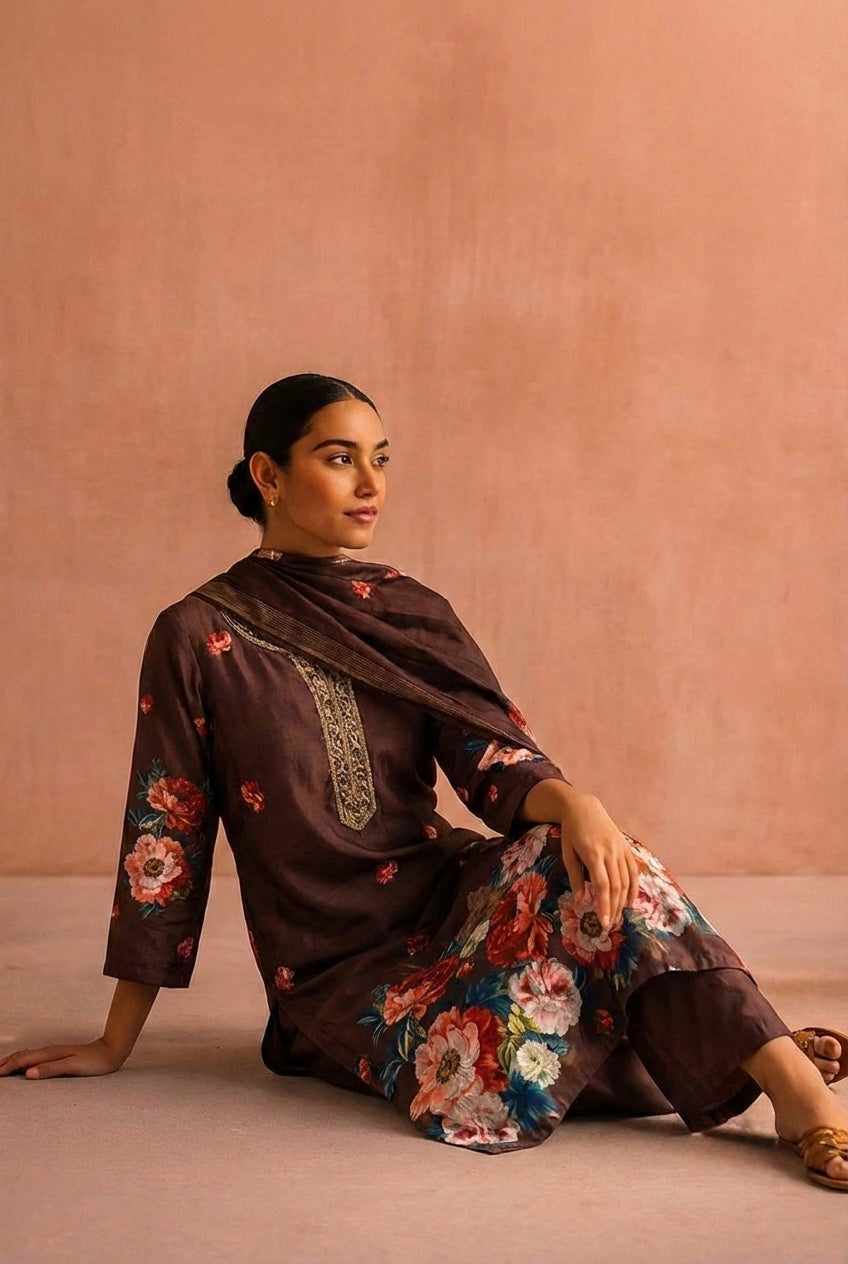 Noorbagh Deep Cocoa Brown Chanderi Suit Set x Noorin Sha | HER-603