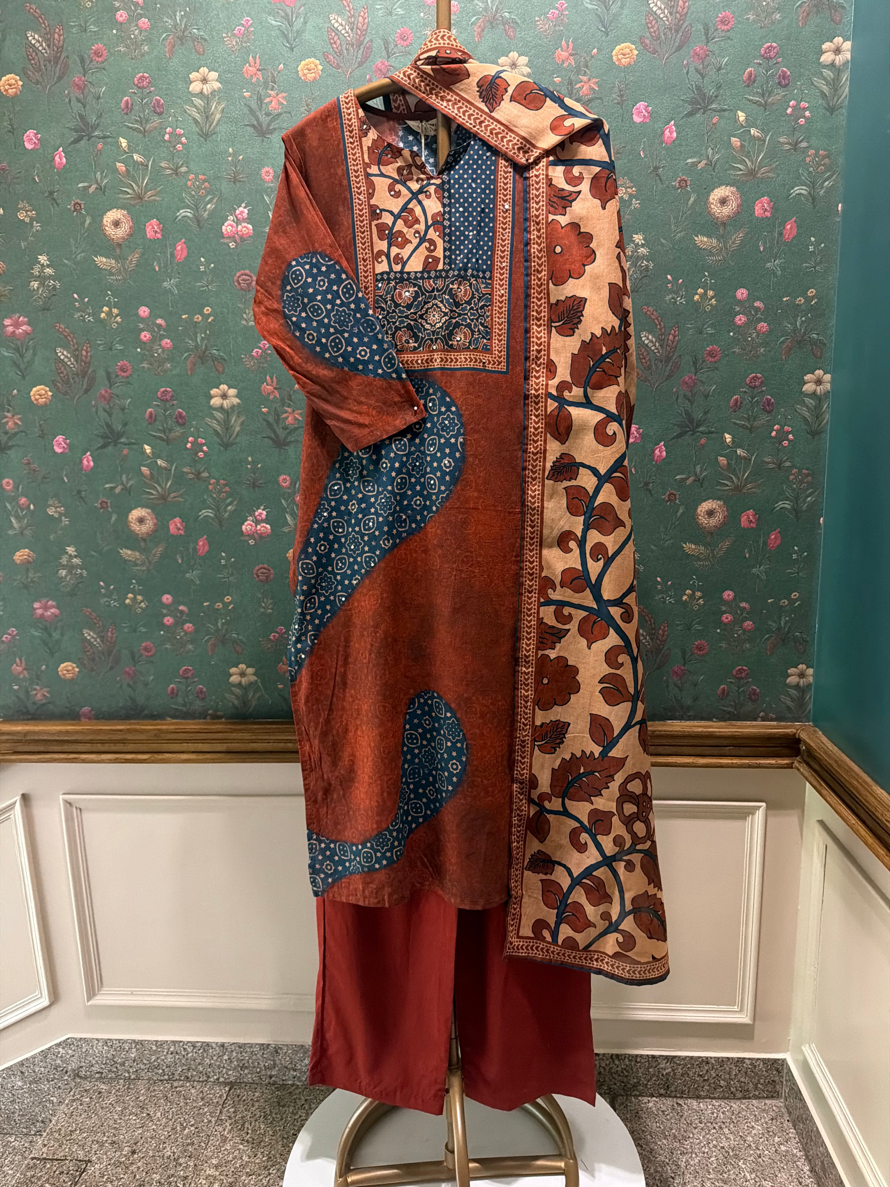 Rust Indigo Patchwork Printed Cotton Suit Set | HER-701