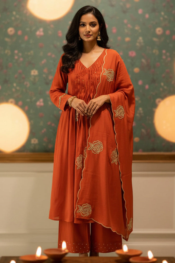 Terracotta Rust Orange, Rose Pintuck Palazzo Set with Scallop Dupatta| HER-587 RUST