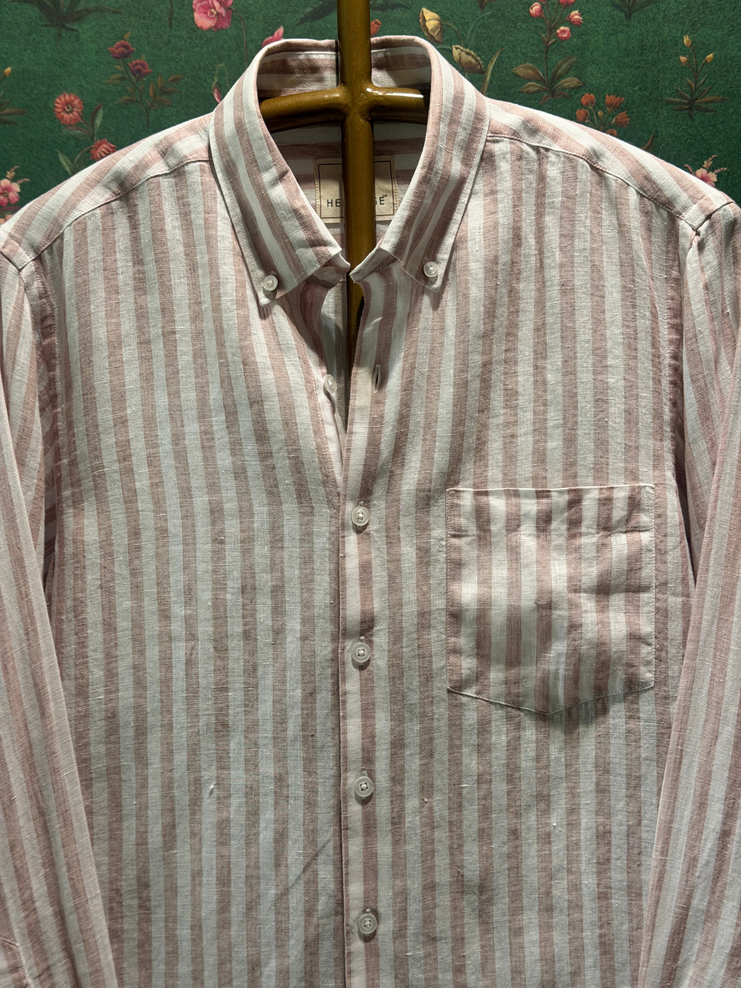 Men’s Blush Pink & White Striped Pure Linen Full Sleeves Shirt