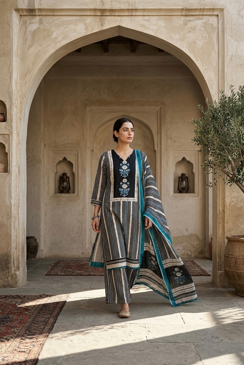 Blue Floral Printed Linen Suit Set | HER-644