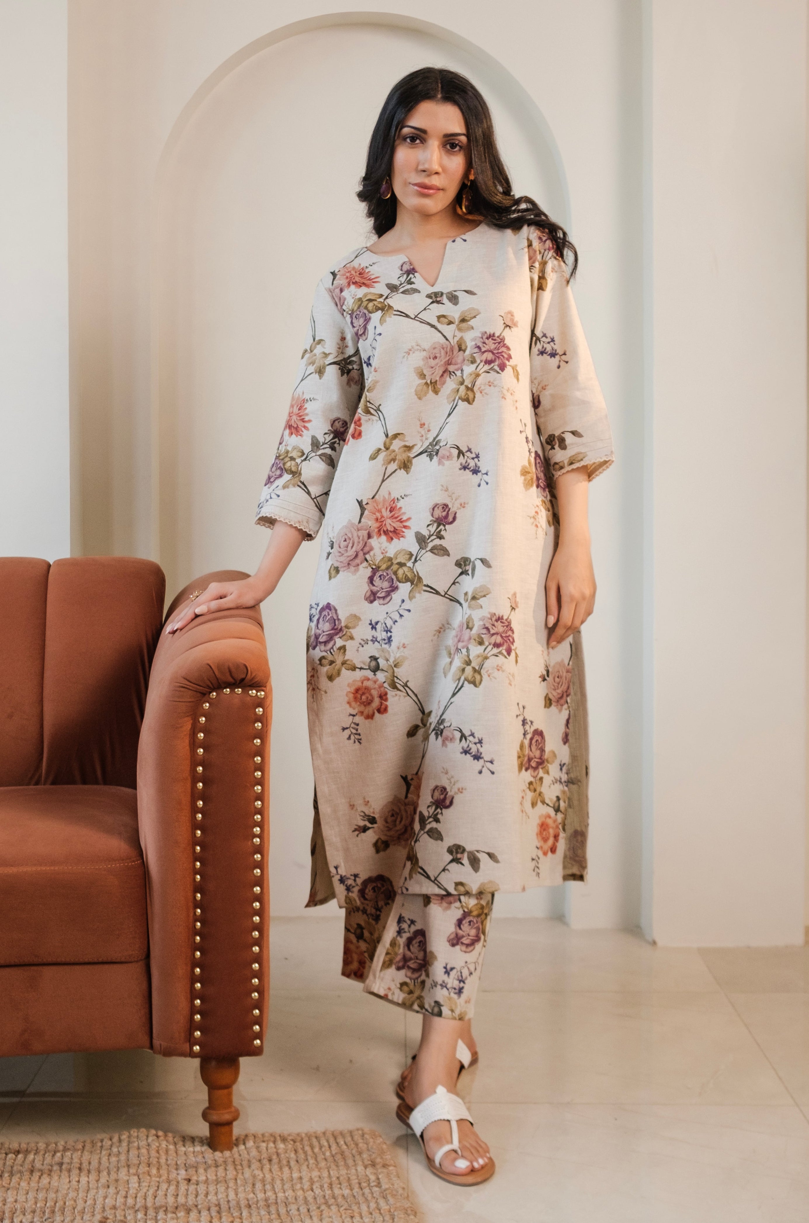 Rosalie Bloom Pure Linen Co-ord/Kurta Set | HER-465