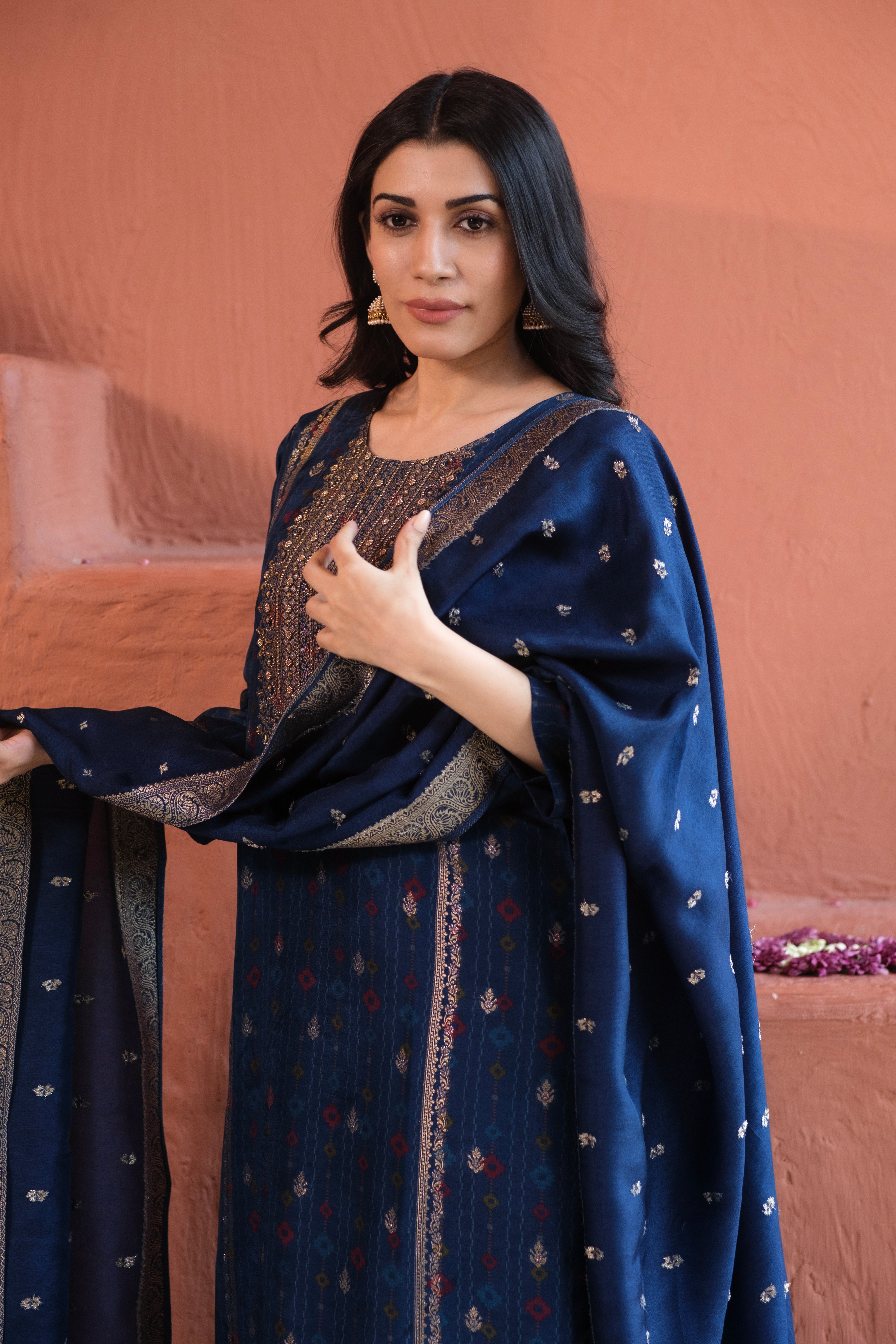 Royal Blue Dola Jacquard Suit Set | HER-484