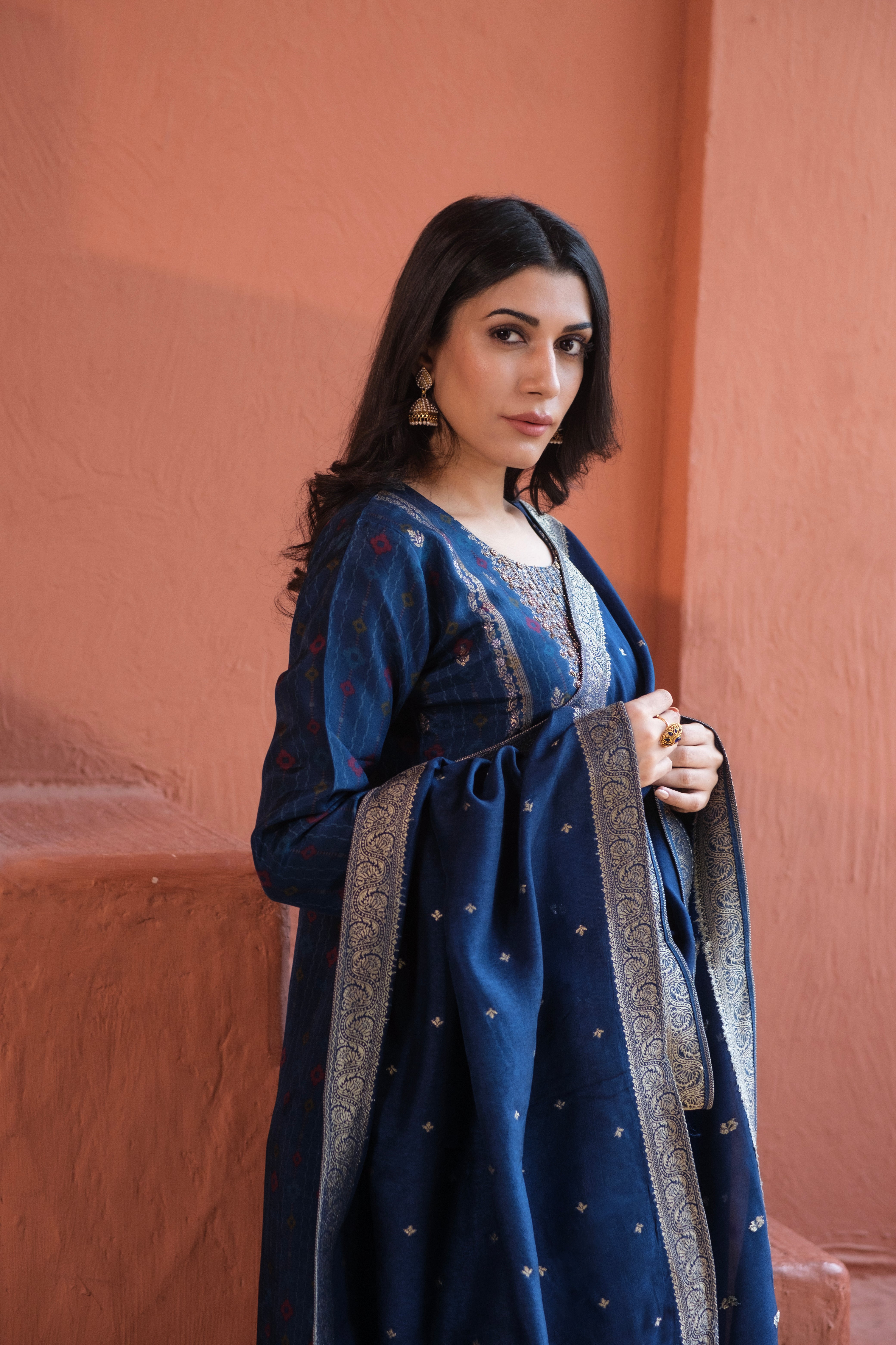 Royal Blue Dola Jacquard Suit Set | HER-484