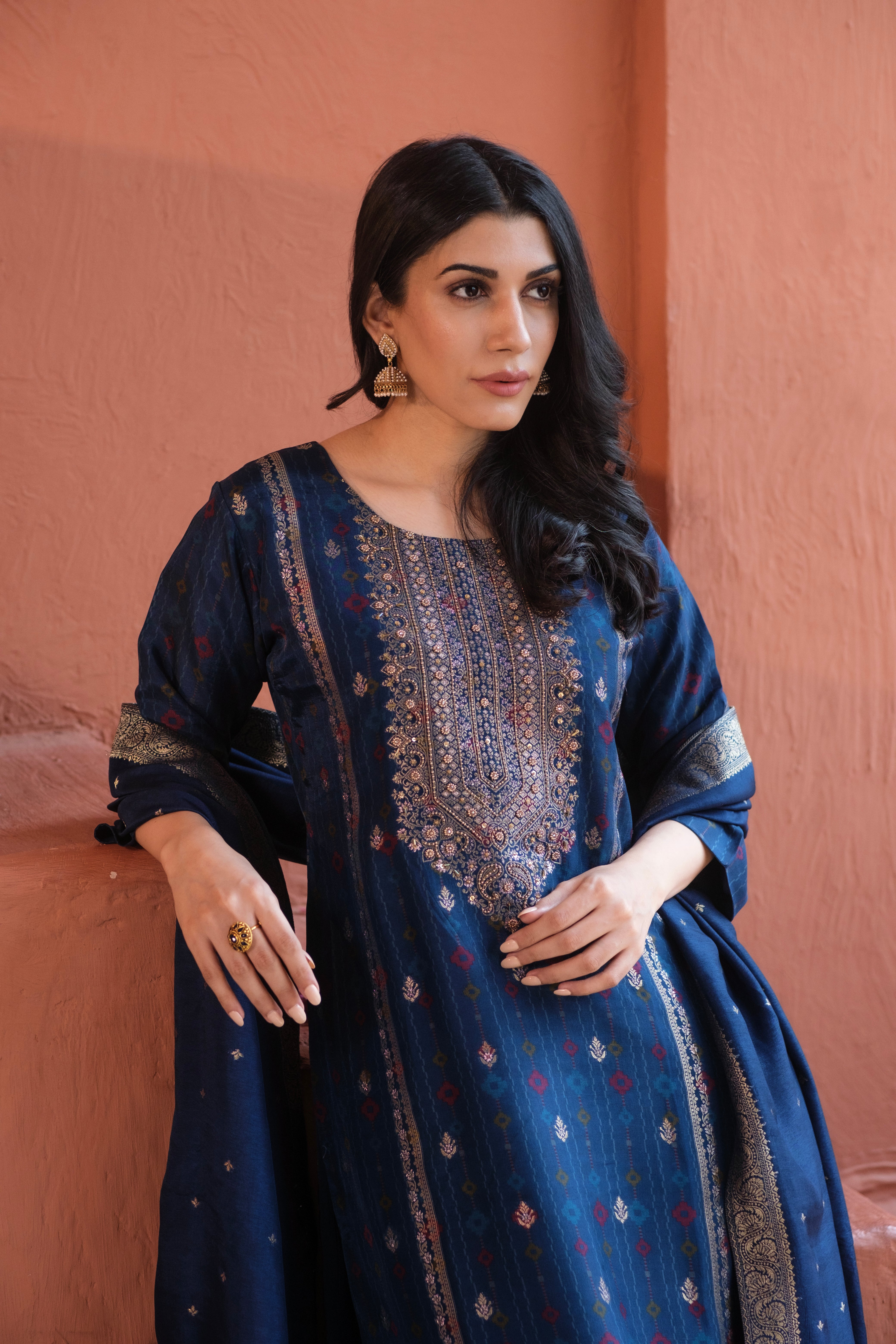 Royal Blue Dola Jacquard Suit Set | HER-484