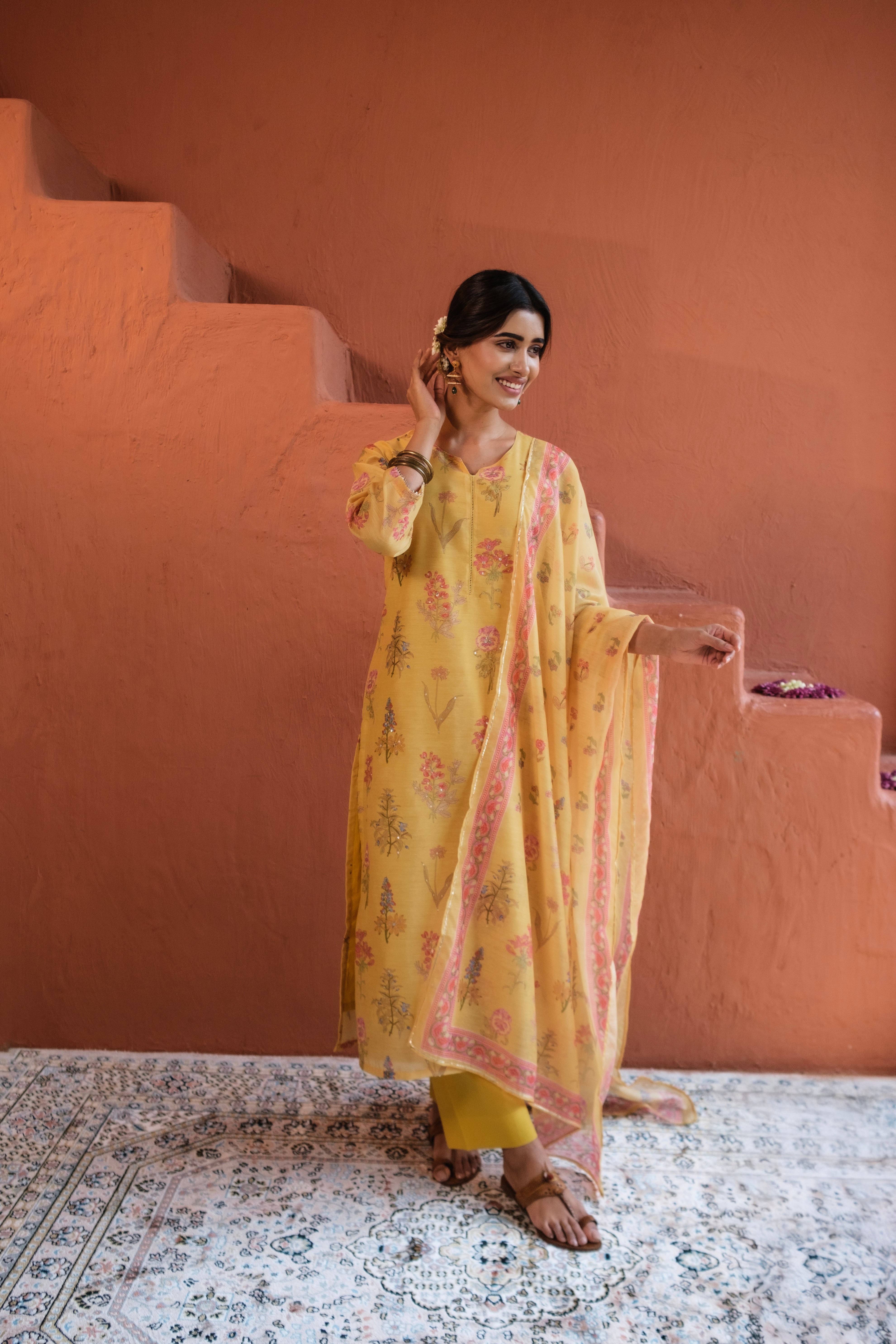 Floral Bloom Yellow Chanderi Suit Set | HER-420