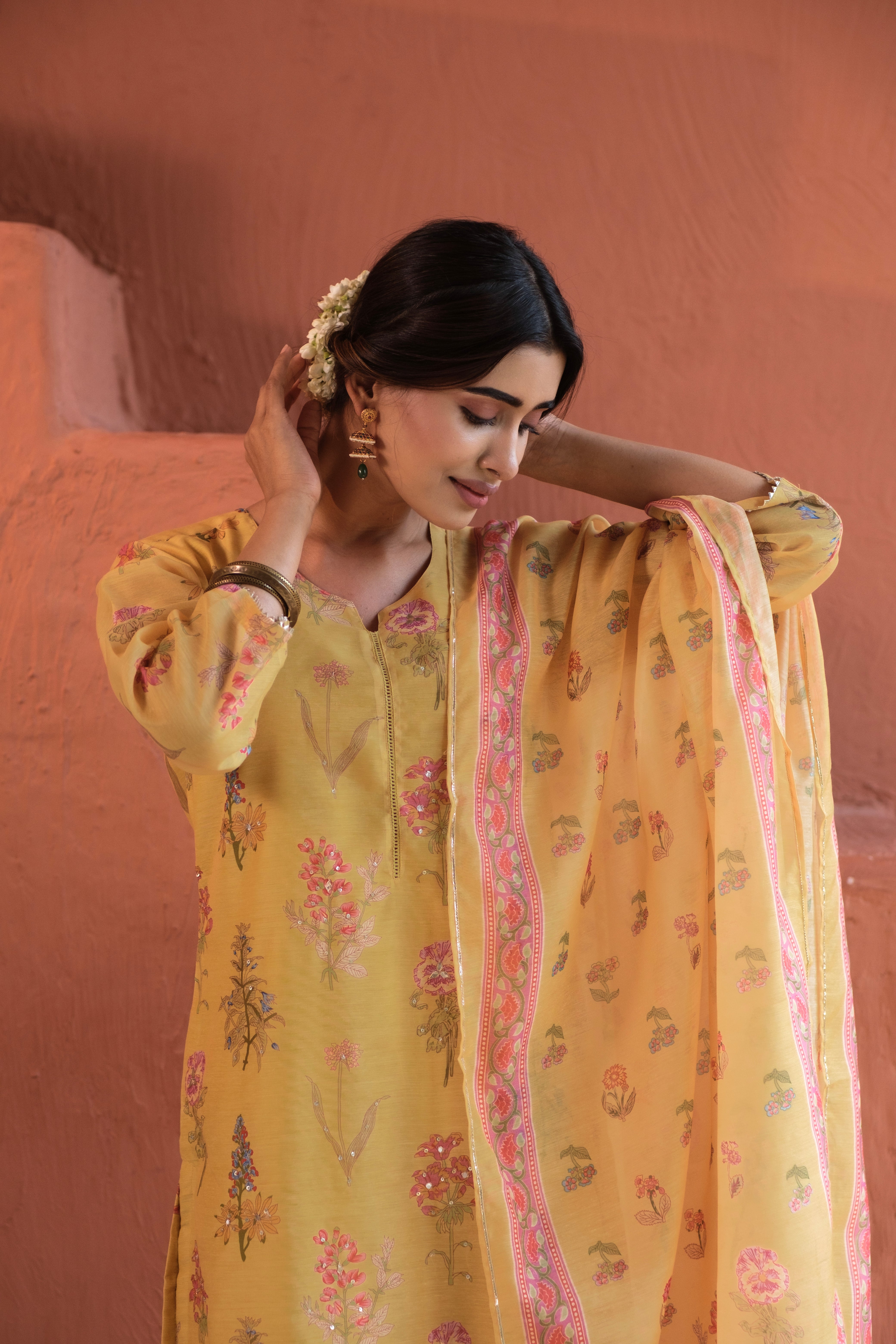 Floral Bloom Yellow Chanderi Suit Set | HER-420