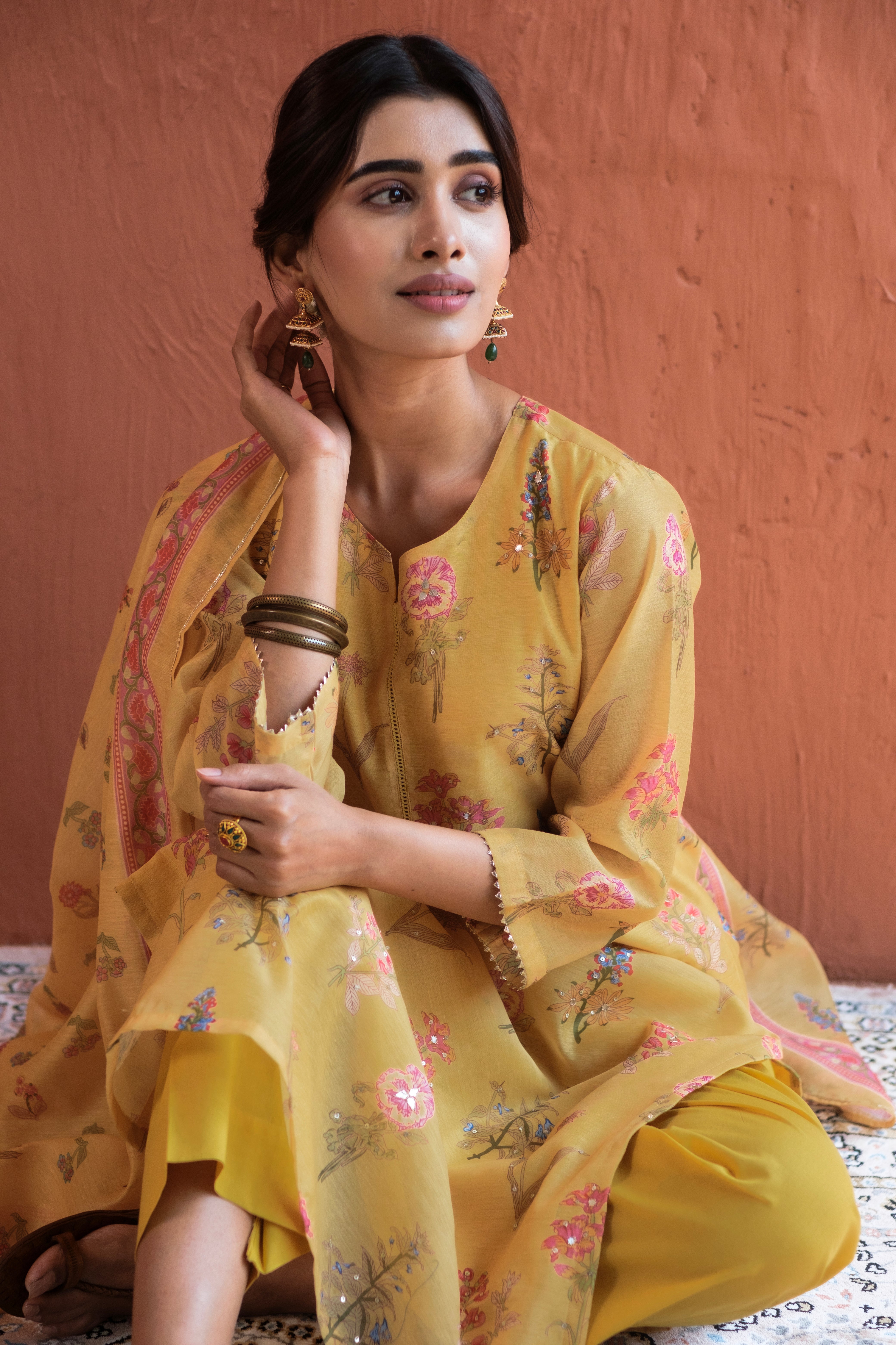 Floral Bloom Yellow Chanderi Suit Set | HER-420