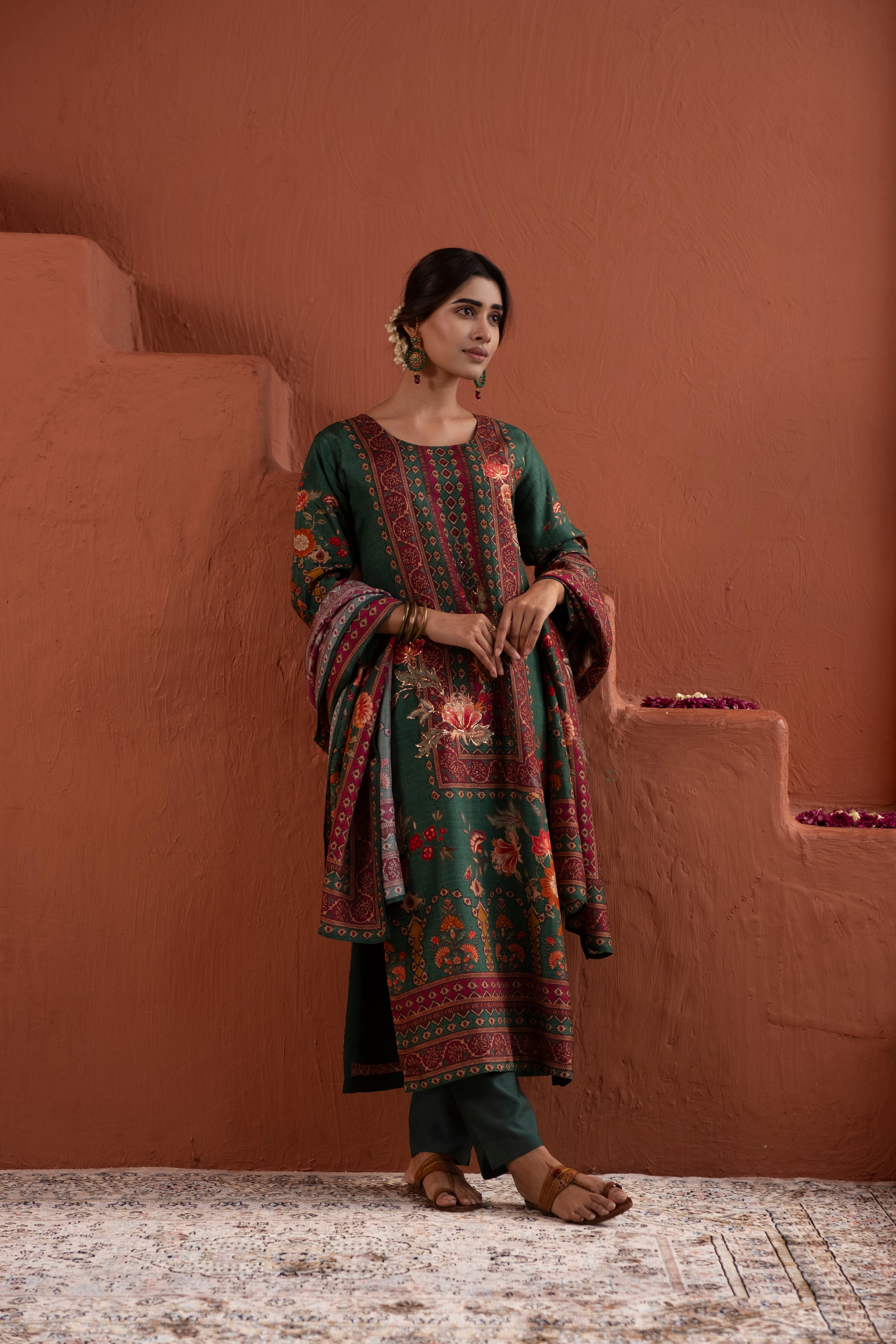 Emerald Green Dola Jacquard Suit Set with Dabka Work | HER-485