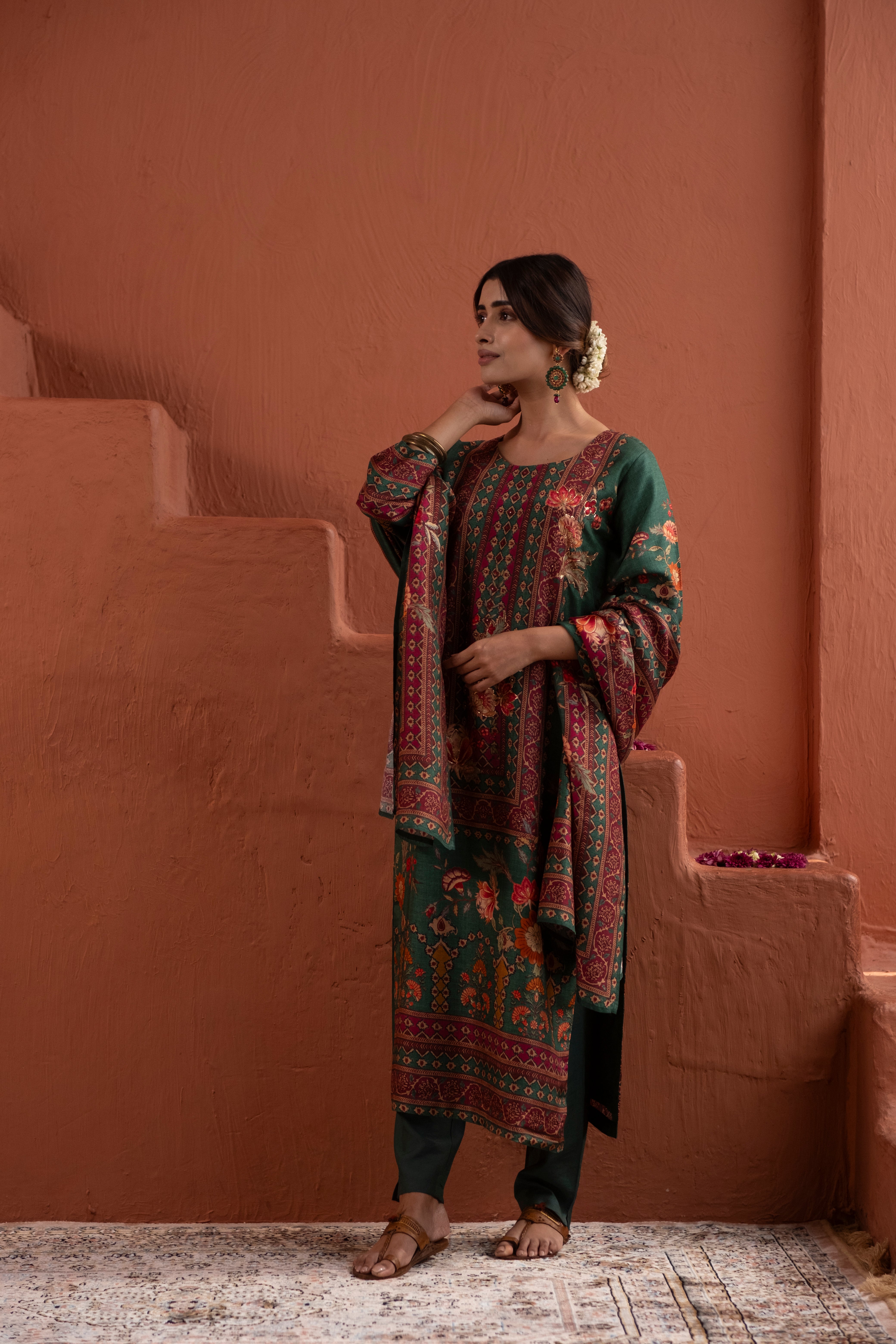 Emerald Green Dola Jacquard Suit Set with Dabka Work | HER-485