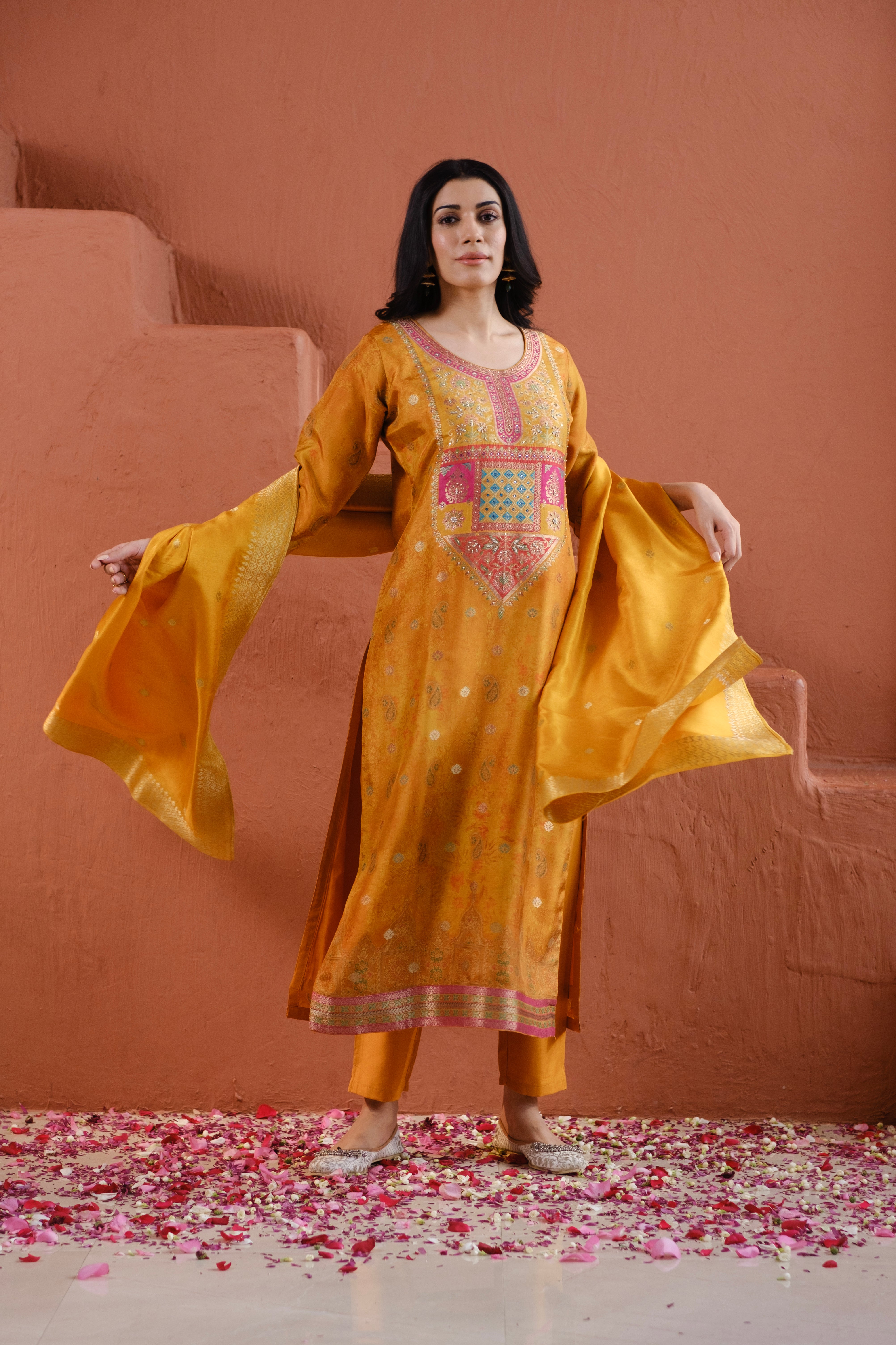 Heritage Premium Dola Jacquard Suit Set – Mustard Yellow | HER-483