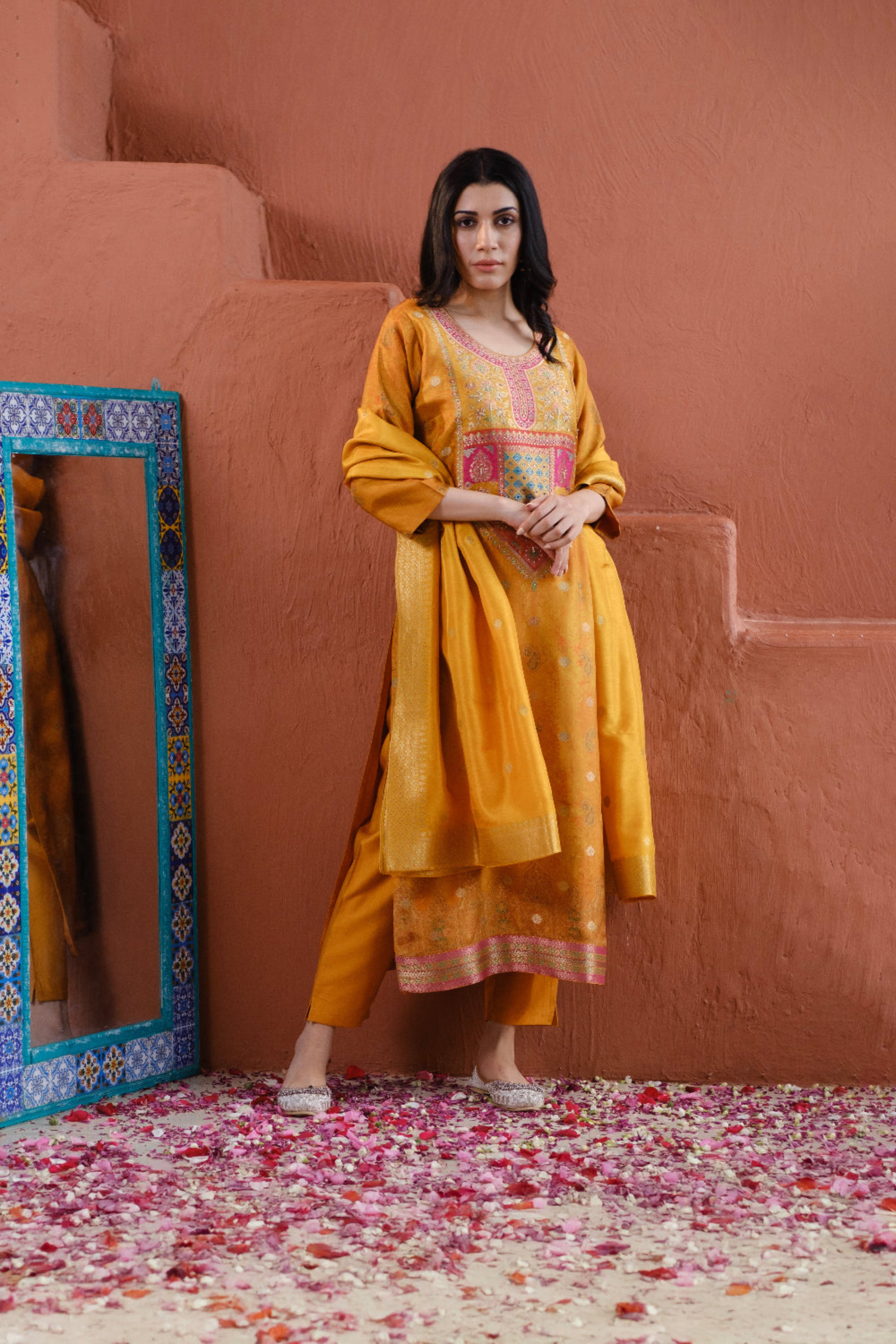 Heritage Premium Dola Jacquard Suit Set – Mustard Yellow | HER-483