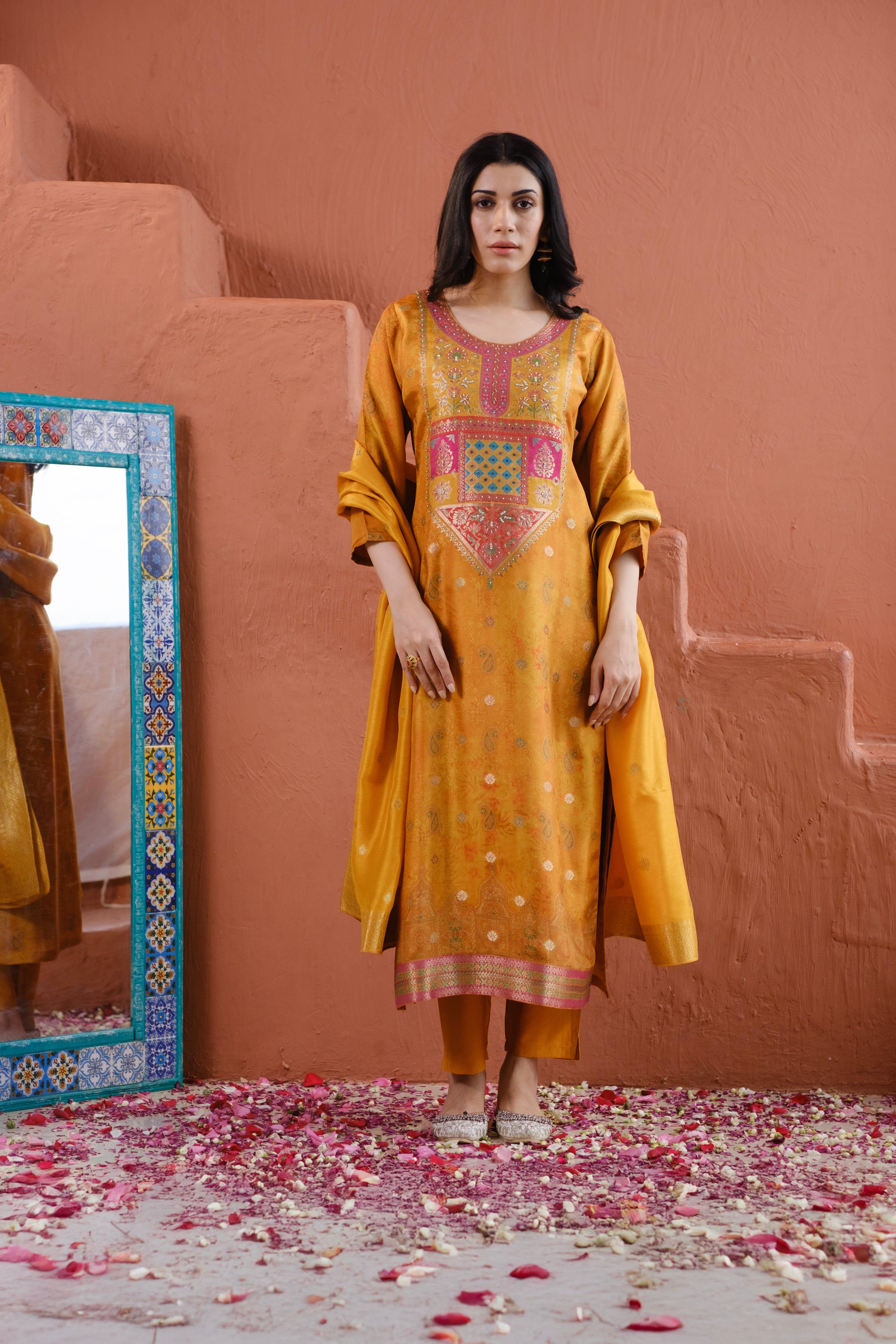 Heritage Premium Dola Jacquard Suit Set – Mustard Yellow | HER-483