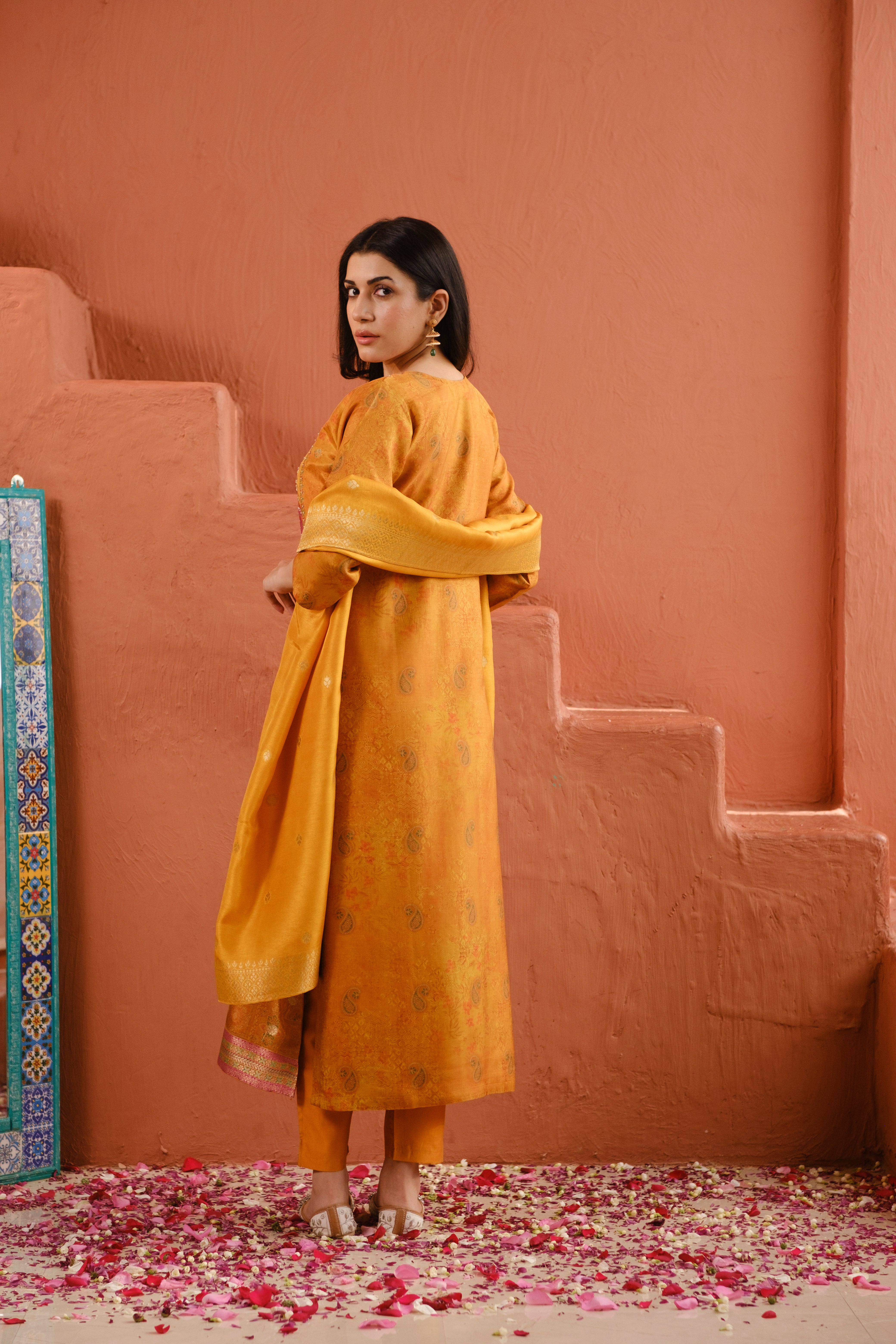 Heritage Premium Dola Jacquard Suit Set – Mustard Yellow | HER-483
