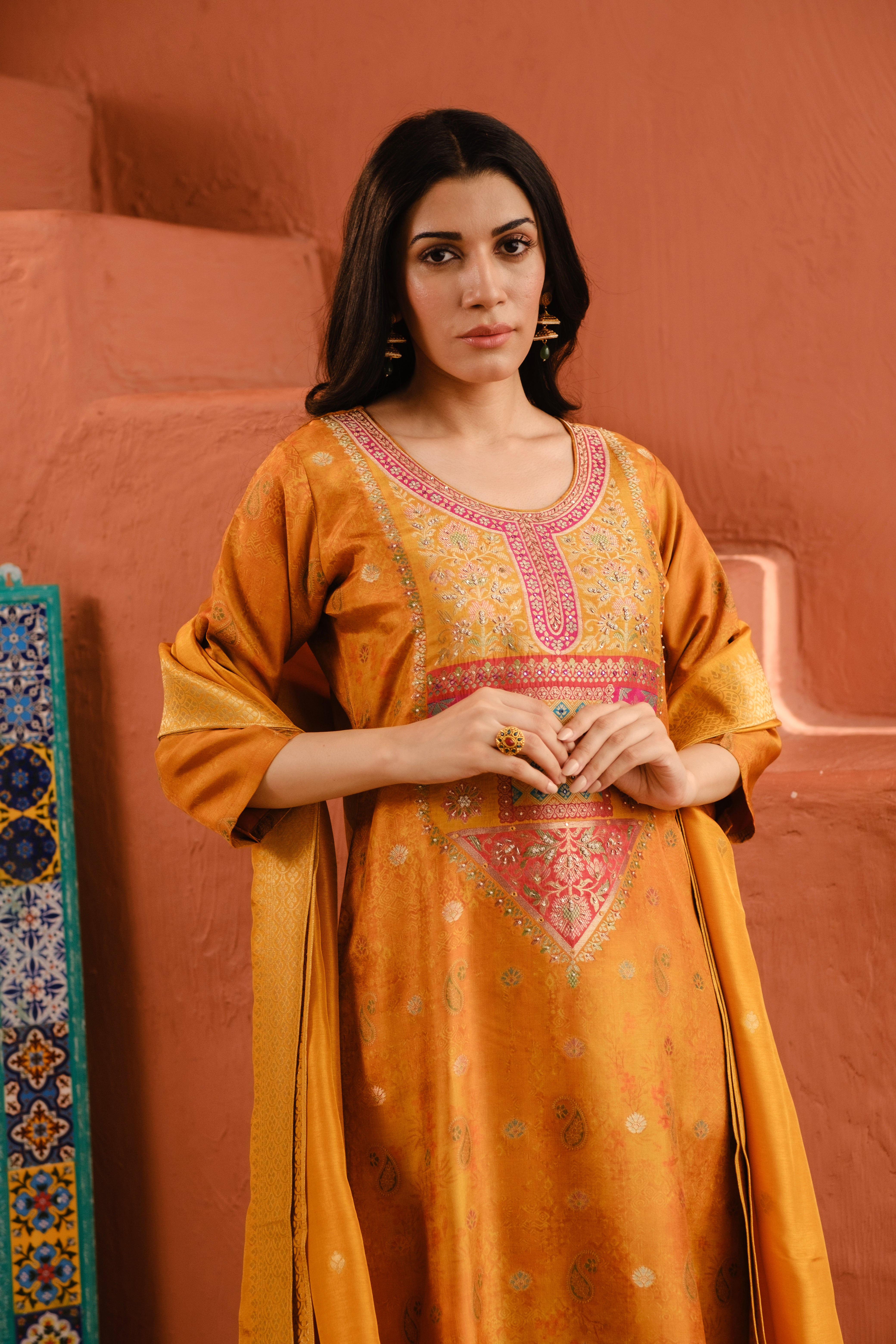 Heritage Premium Dola Jacquard Suit Set – Mustard Yellow | HER-483